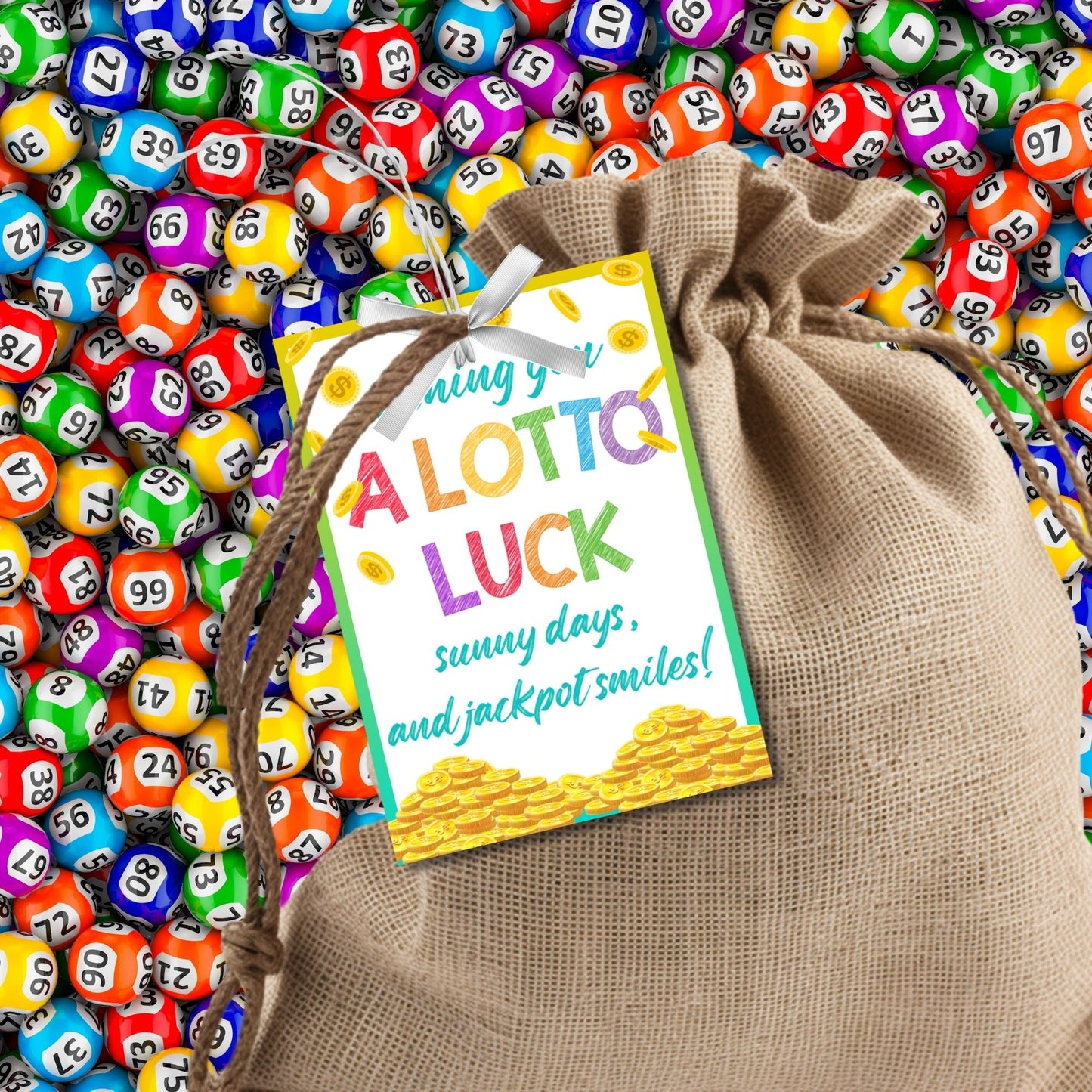 Colorful lotto-themed gift tags featuring a cheerful design with gold coins and the text "Wishing You A Lotto Luck, Sunny Days, and Jackpot Smiles! All the Best!" Personalize with names.