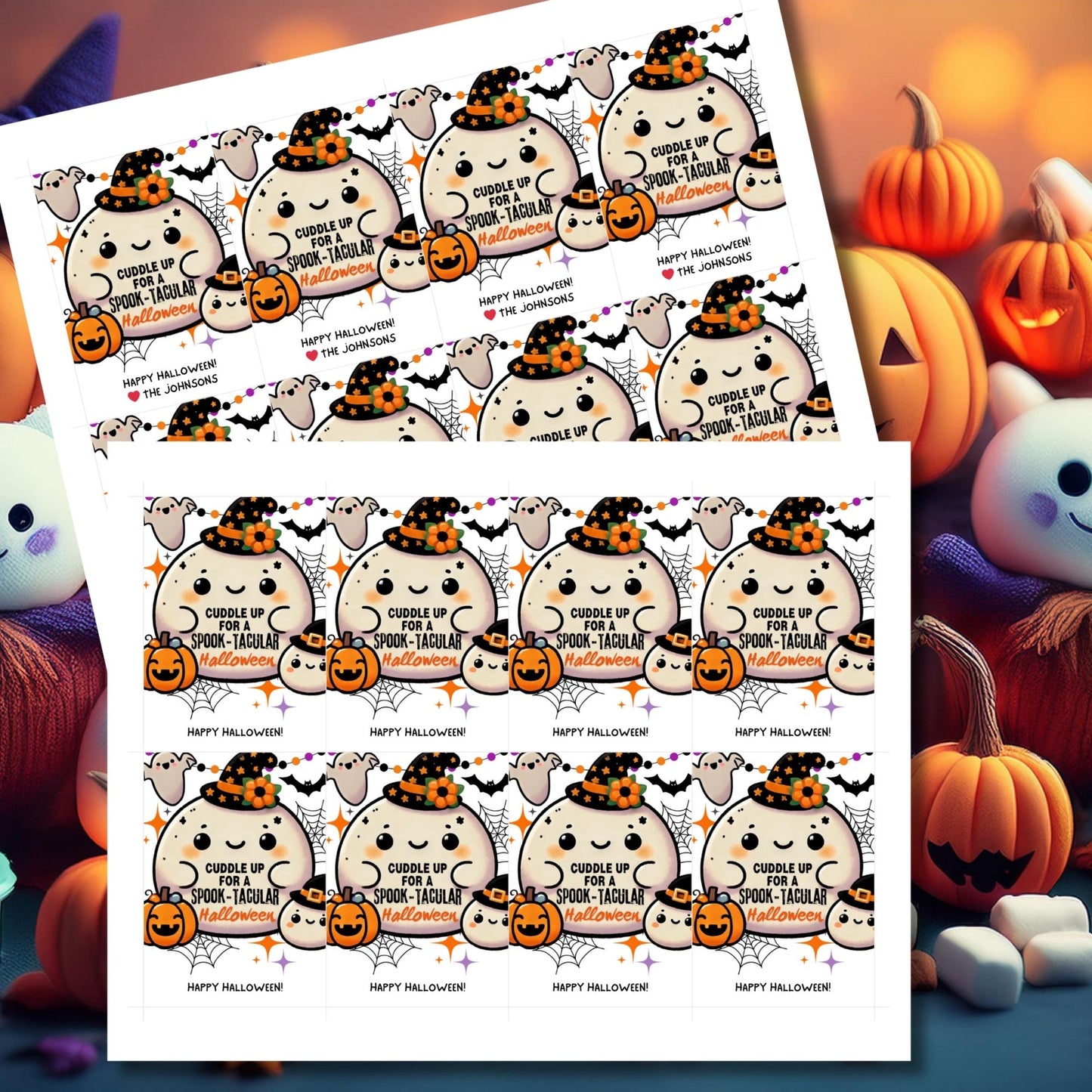 A set of cute, Squishmallow-themed Halloween gift tags featuring an adorable squishy ghost and pumpkin with witch hats. The tags say "Cuddle up for a Spook-Tacular Halloween!" Perfect for Squishmallow fans, these tags are 2.5 x 3.5 inches, laid out 8 per sheet, with a printable PDF and editable template included.