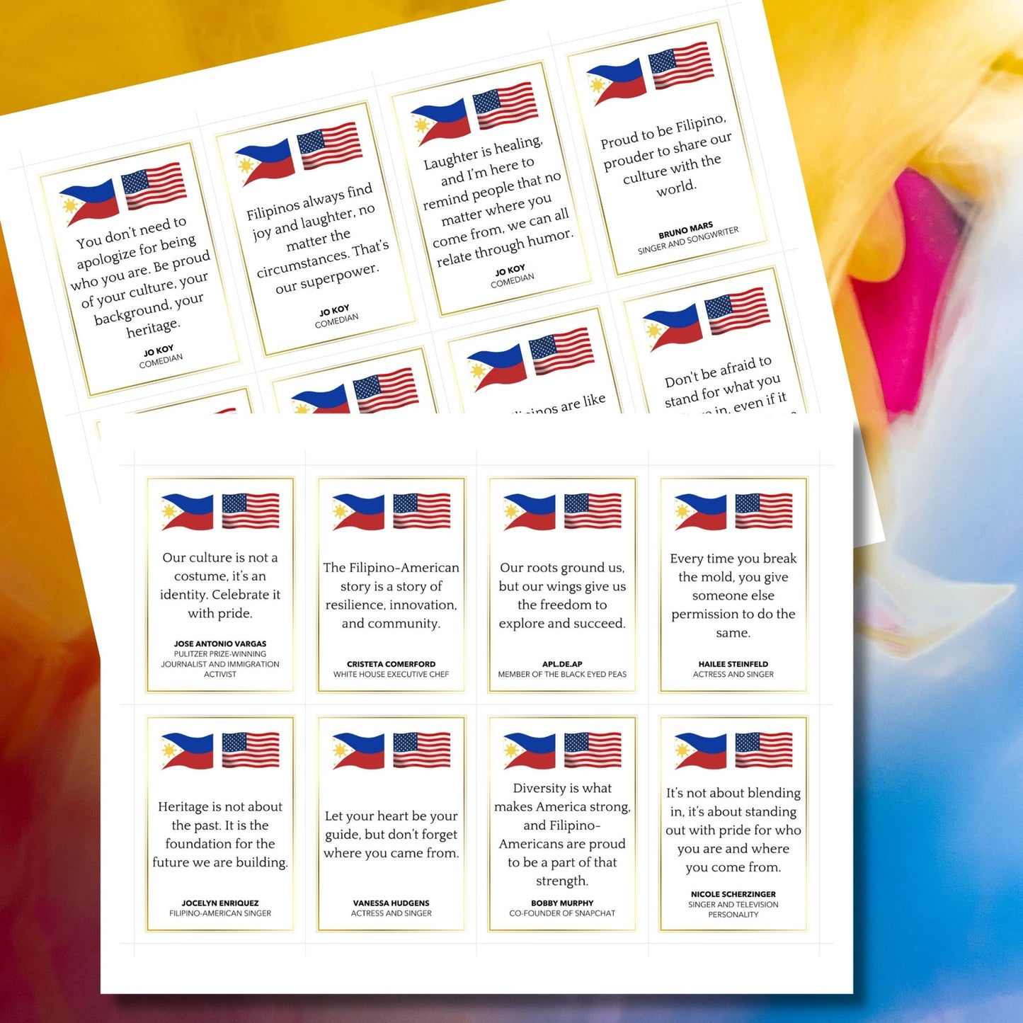 A set of 16 printable and editable Filipino-American Heritage Month gift tags featuring quotes from influential Filipino-Americans. The tags are 2.5 x 3.5 inches, displayed on an 8.5 x 11-inch layout, celebrating culture and pride.