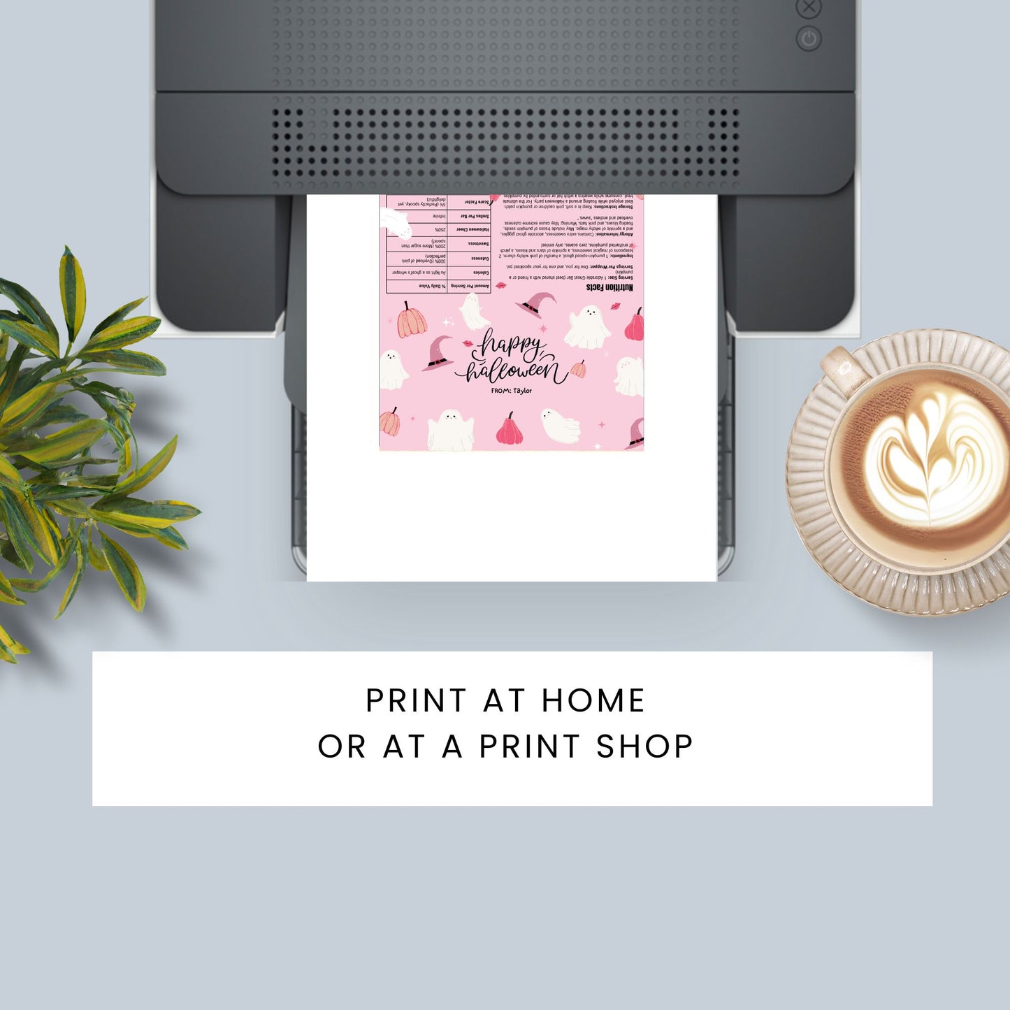 Printable and editable pastel pink Halloween chocolate bar wrapper featuring cute ghosts, pumpkins, and witch hats, perfect for a sweet and spooky Halloween.