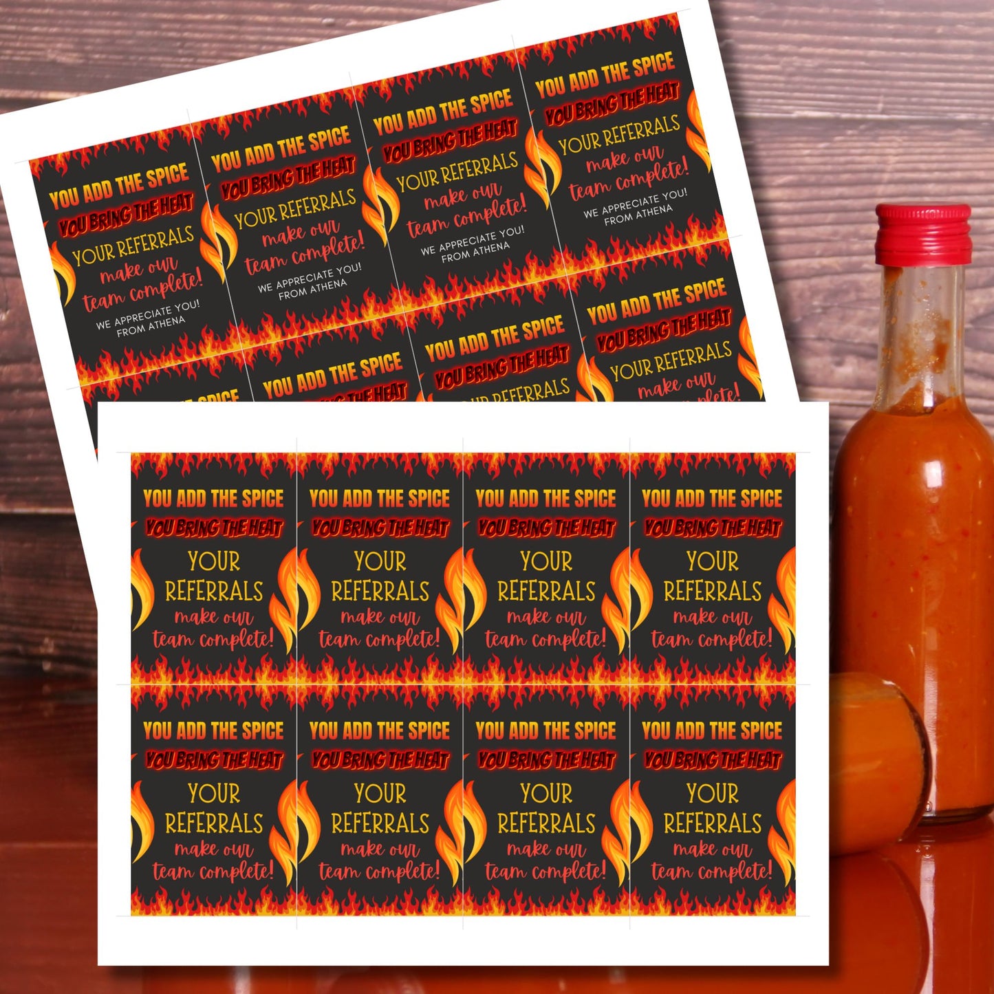 A printable PDF of hot sauce-themed referral gift tags, titled "You Add the Spice, You Bring the Heat," customizable in Canva.