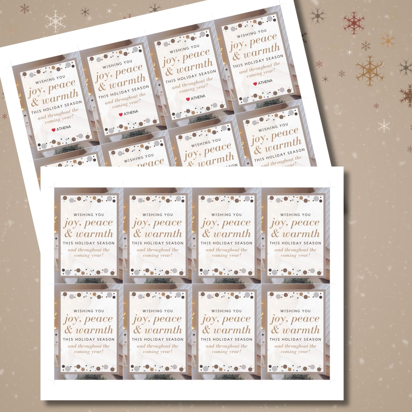 A set of eight printable and editable Christmas gift tags featuring a warm Beige Winter Delight palette with golden accents and a festive message. Perfect for elegant, minimalist gift wrapping. Each tag measures 2.5 x 3.5 inches, laid out on an 8.5 x 11-inch sheet.