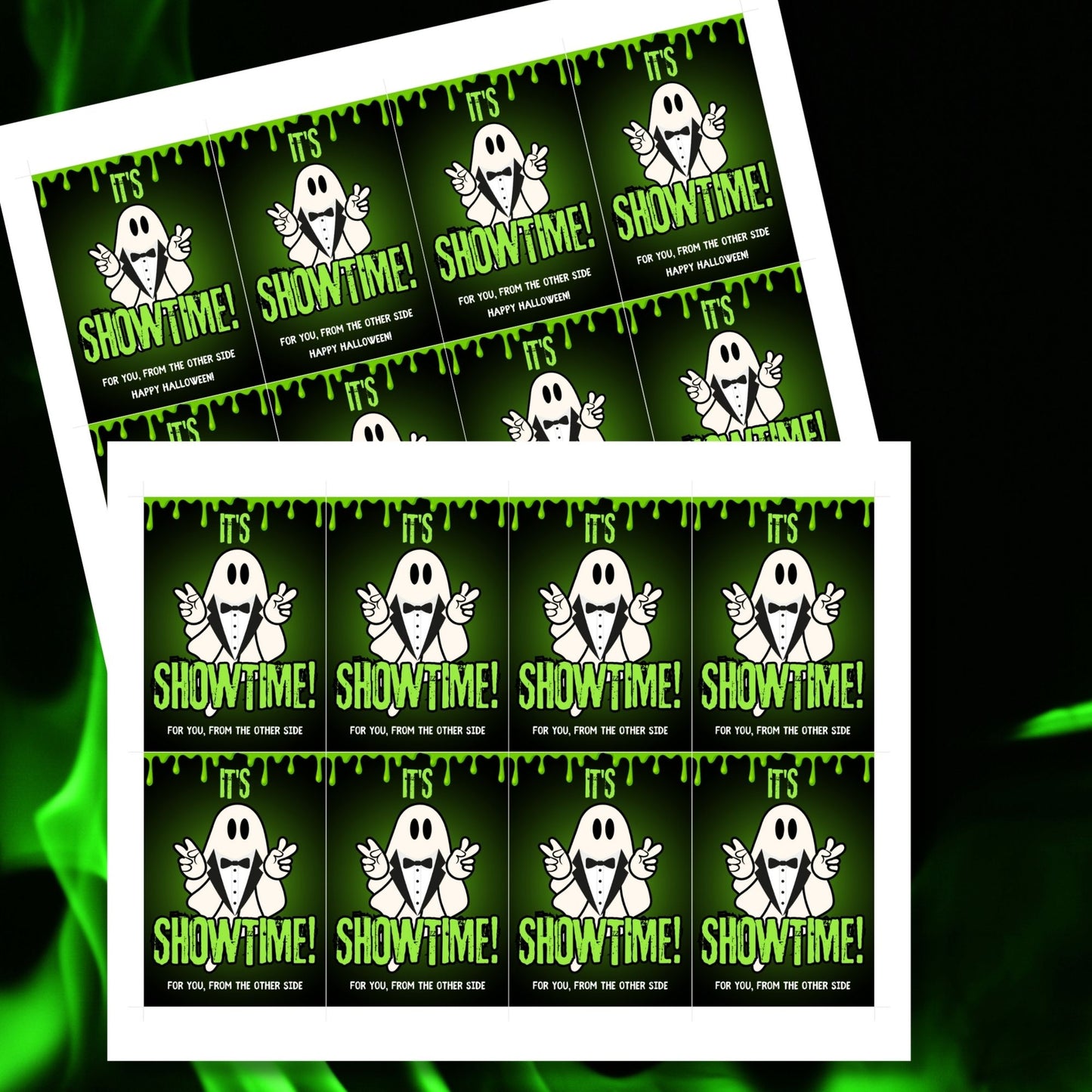 Halloween gift tag design inspired by Beetlejuice with the phrase "It's Showtime!" featuring a ghost in a tuxedo on a green dripping goo background. Sized at 2.5 x 3.5 inches, these tags are laid out 8 per sheet, perfect for dressing up Halloween treats.