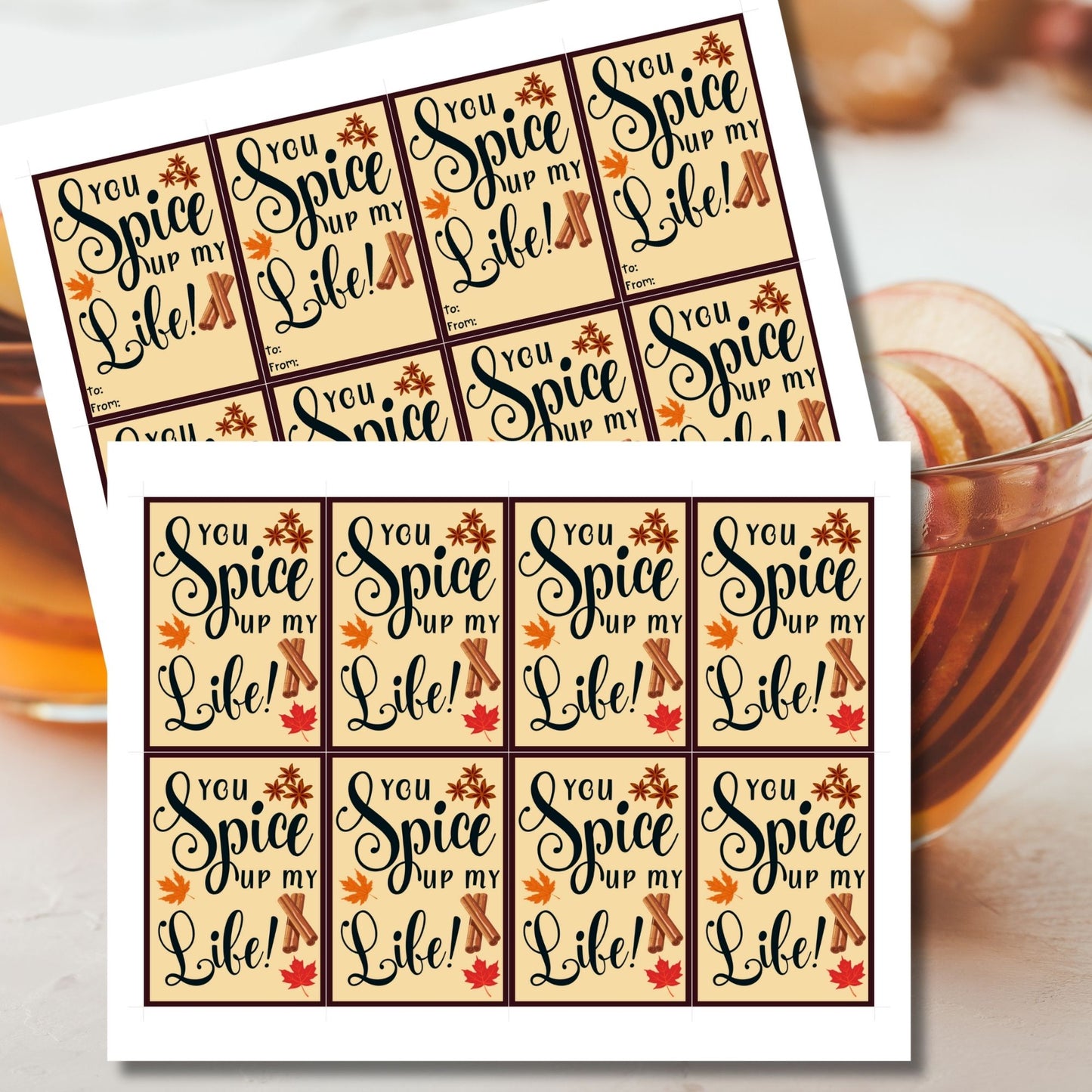 Editable spices-themed fall gift tags with the message 'You Spice Up My Life!' in 2.5 x 3.5 inches, 8 per sheet, available as printable and customizable PDFs.