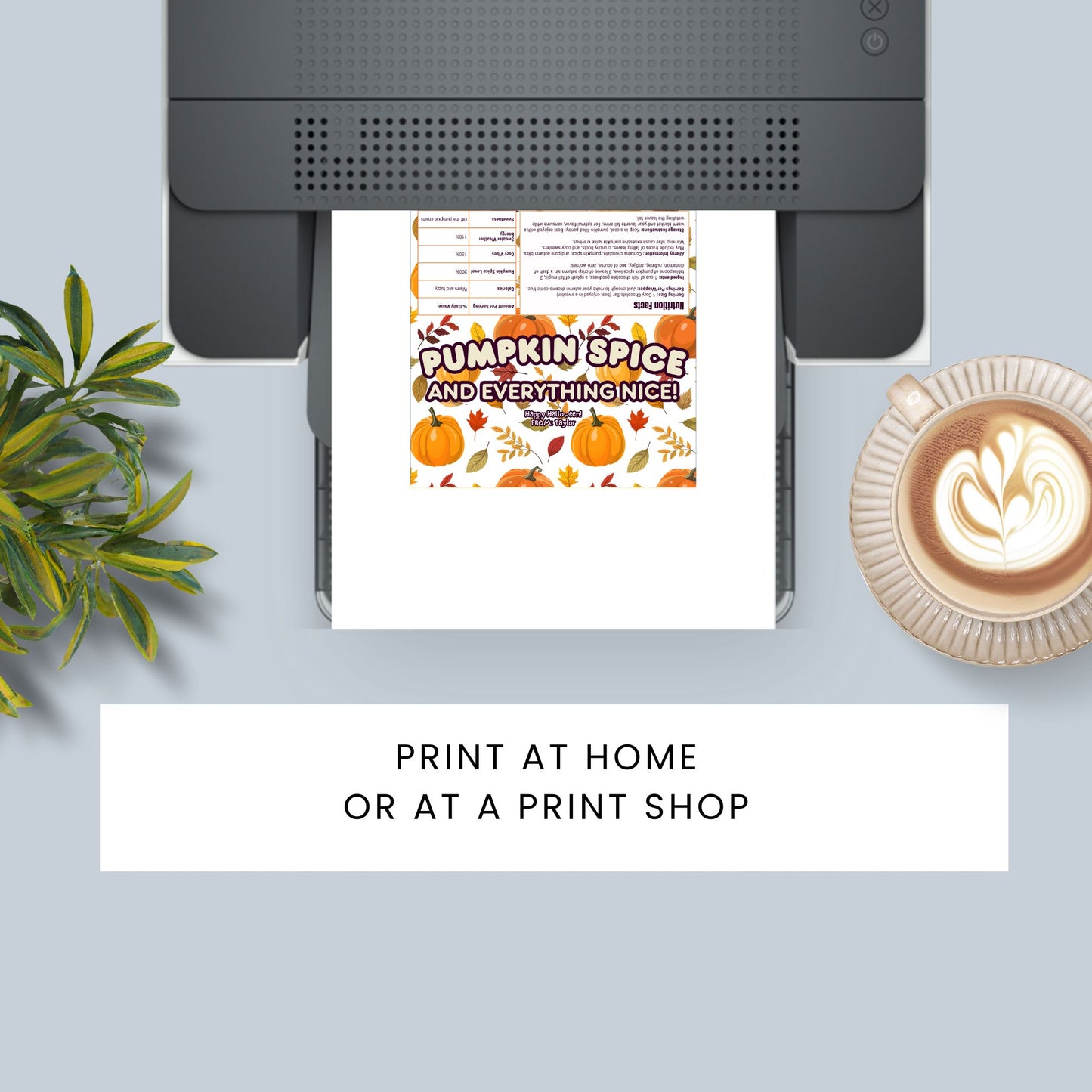Printable and editable pumpkin-themed Halloween chocolate bar wrapper featuring pumpkins and fall leaves, perfect for Halloween and autumn-themed parties.