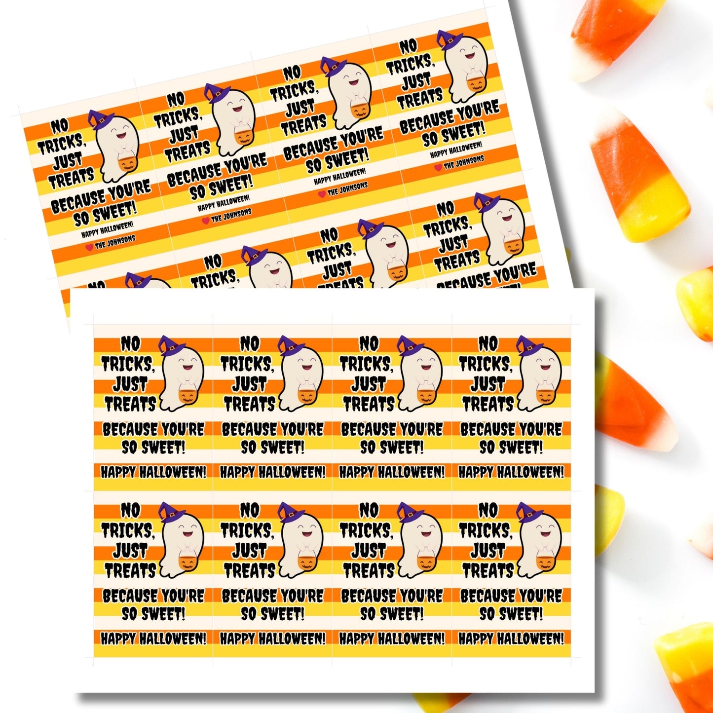 Halloween-themed printable gift tags featuring a cute ghost holding a pumpkin with the message "No Tricks, Just Treats Because You're So Sweet!" Tags are 2.5 x 3.5 inches, laid out 8 per sheet on a standard 8.5 x 11-inch page. Includes a printable PDF and a PDF with a link to an editable Canva template.