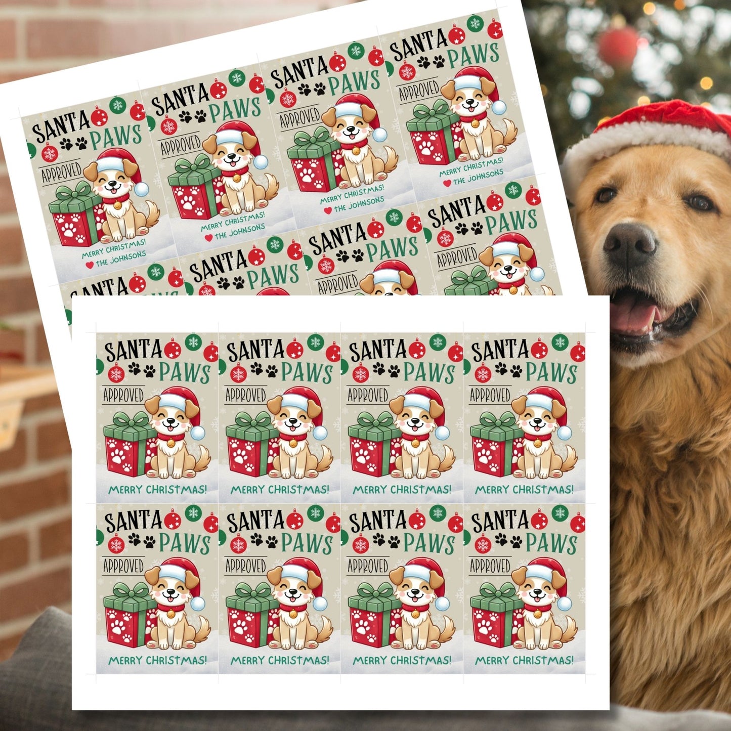 Christmas gift tags featuring an adorable puppy in a Santa hat, festive ornaments, and the message "Santa Paws Approved." These printable and editable tags are perfect for pet lovers and add a playful touch to holiday gifts.