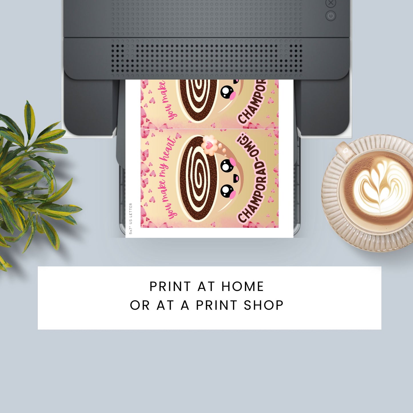 Printable Valentineās Day card featuring the phrase āYou Make My Heart ChamporadOMGā with a Filipino Champorado-inspired design. Designed as a 5x7 PDF on an 8.5 x 11 sheet with two cards per page. A punny and heartfelt Valentineās card for Filipino food lovers.