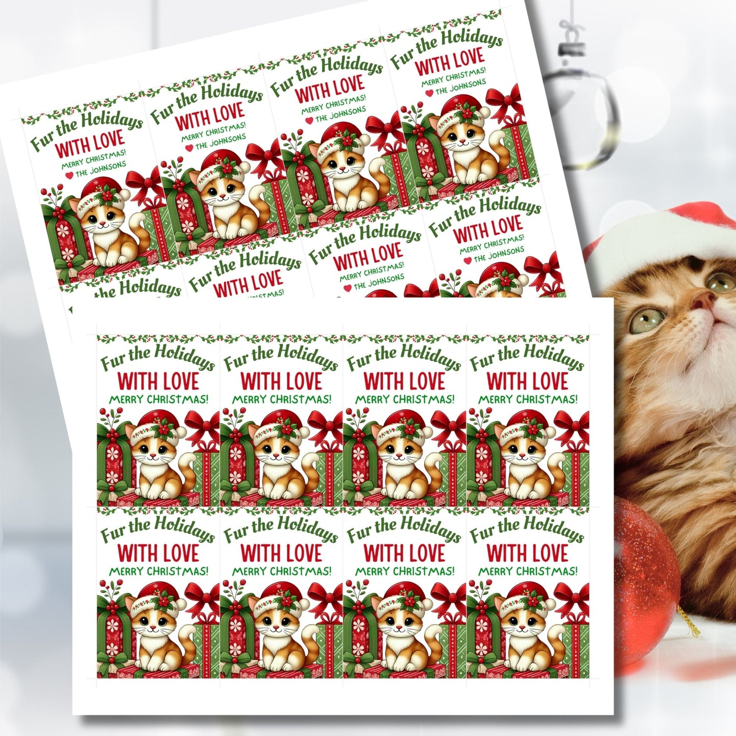 Christmas gift tags featuring a cute kitten in a Santa hat with festive gifts and holly, paired with the message "Fur the Holidays with Love." These printable and editable tags are perfect for adding a warm touch to gifts for cat lovers.