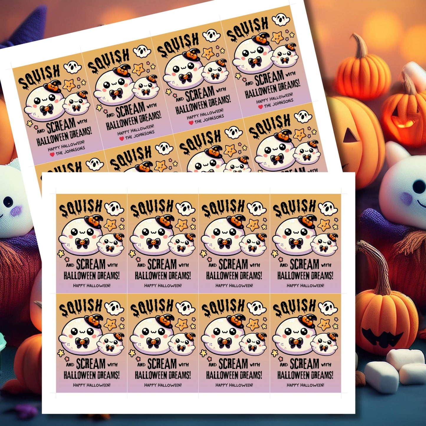 Adorable Halloween gift tags featuring squishy ghost characters with witch hats, designed for Squishmallow gifts. The tag reads "Squish and Scream with Halloween Dreams!" and is ideal for adding a fun and festive touch to your Halloween presents. Each tag is 2.5 x 3.5 inches and comes with a printable PDF and an editable template.