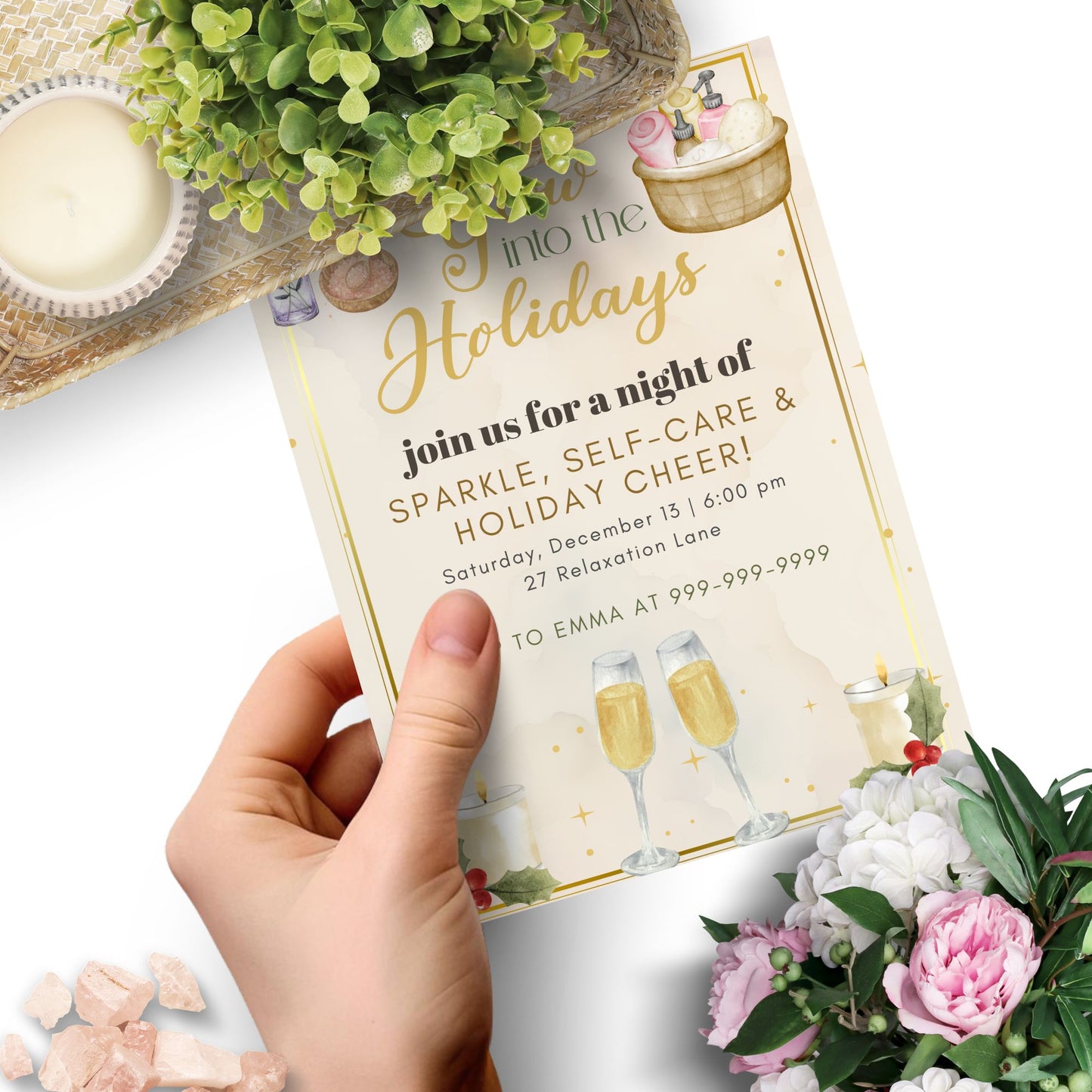 Editable Glow into the Holidays spa party invitation with elegant winter glow design, featuring pastel gold and blush accents, customizable Canva template, printable 5x7 invite for Christmas self-care event.
