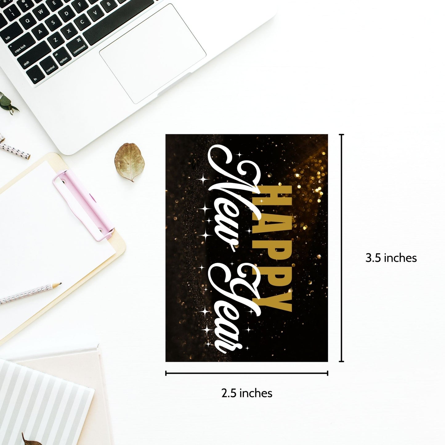 A set of ready-to-print New Year gift tags featuring bold gold and white lettering on a luxurious black background, adorned with sparkling gold effects. The "Happy New Year" message adds elegance and festivity to gift wrapping or event favors. Tags are 2.5 x 3.5 inches in size, perfect for classy celebrations.
