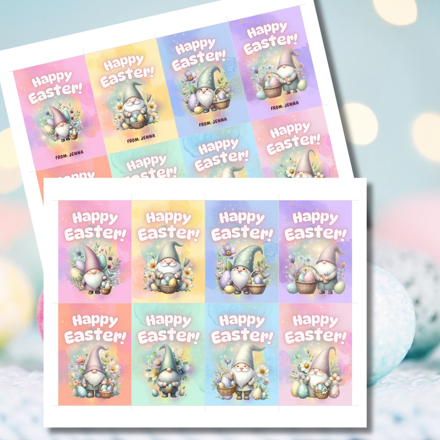 Colorful Easter gift tags with cute gnome designs, ready for personalization and printing, set against a vibrant pastel background.