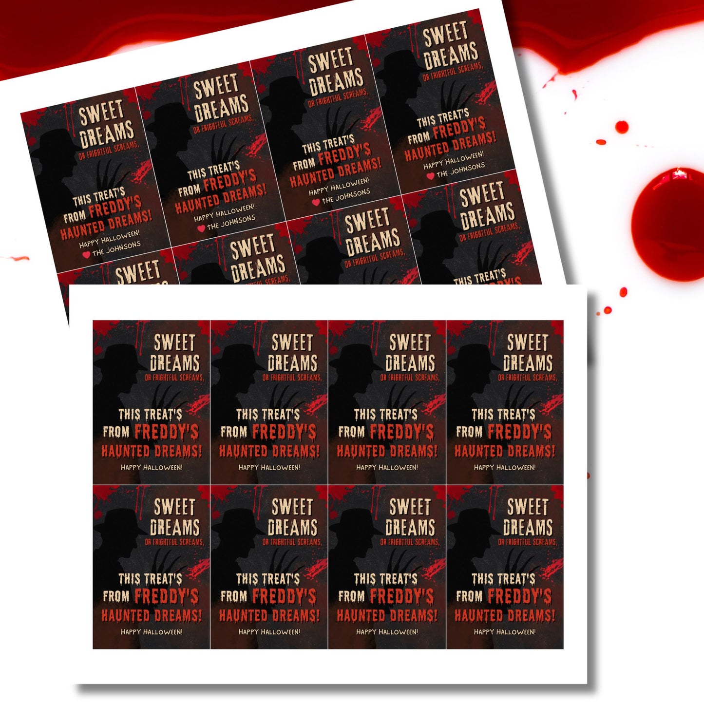 Multiple 'Sweet Dreams' Halloween treat bags with a red and black design.