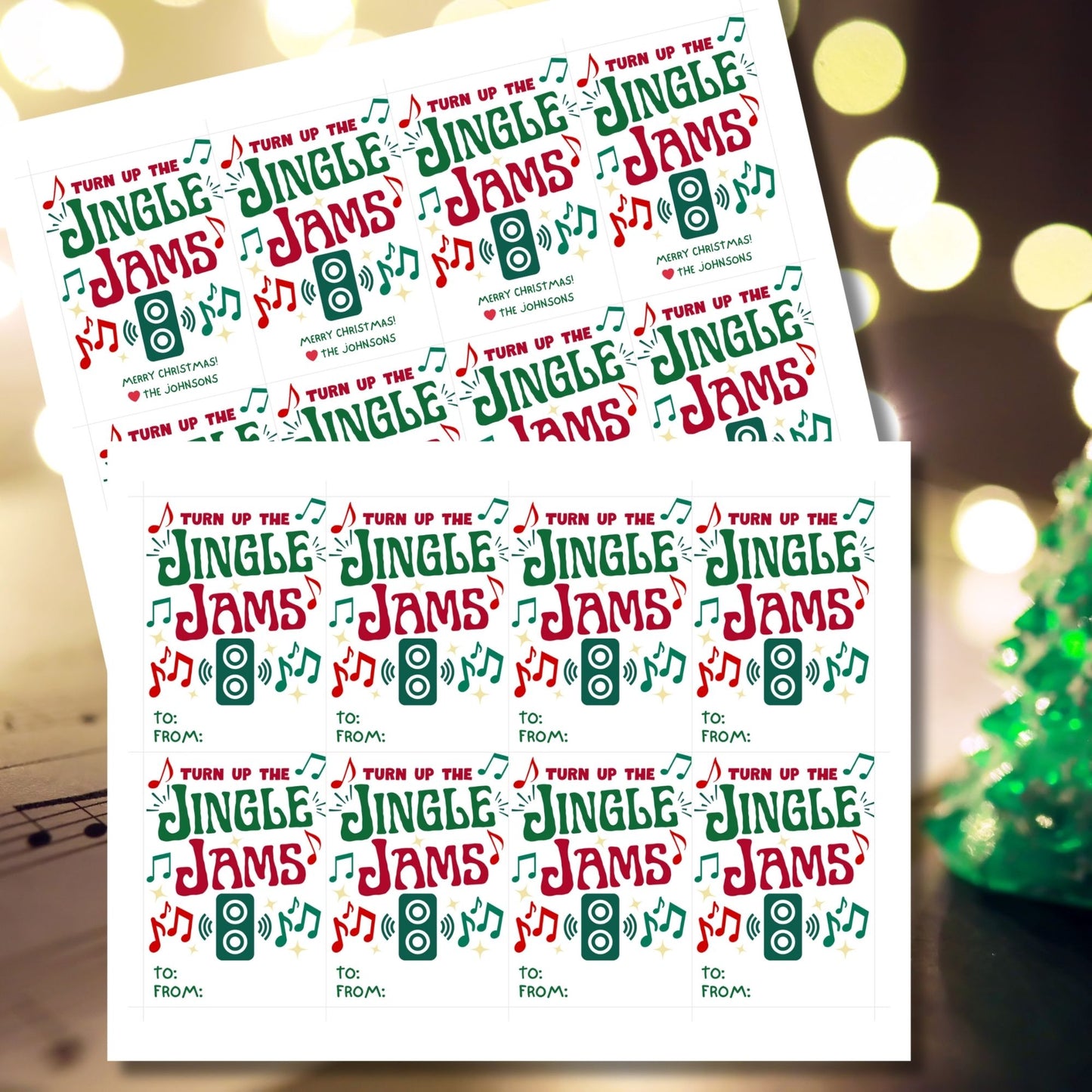 Christmas gift tags with the message "Turn Up the Jingle Jams," featuring musical notes and a speaker icon, perfect for gifts like Bluetooth speakers or Christmas party favors. These printable and editable tags add a fun and festive touch.