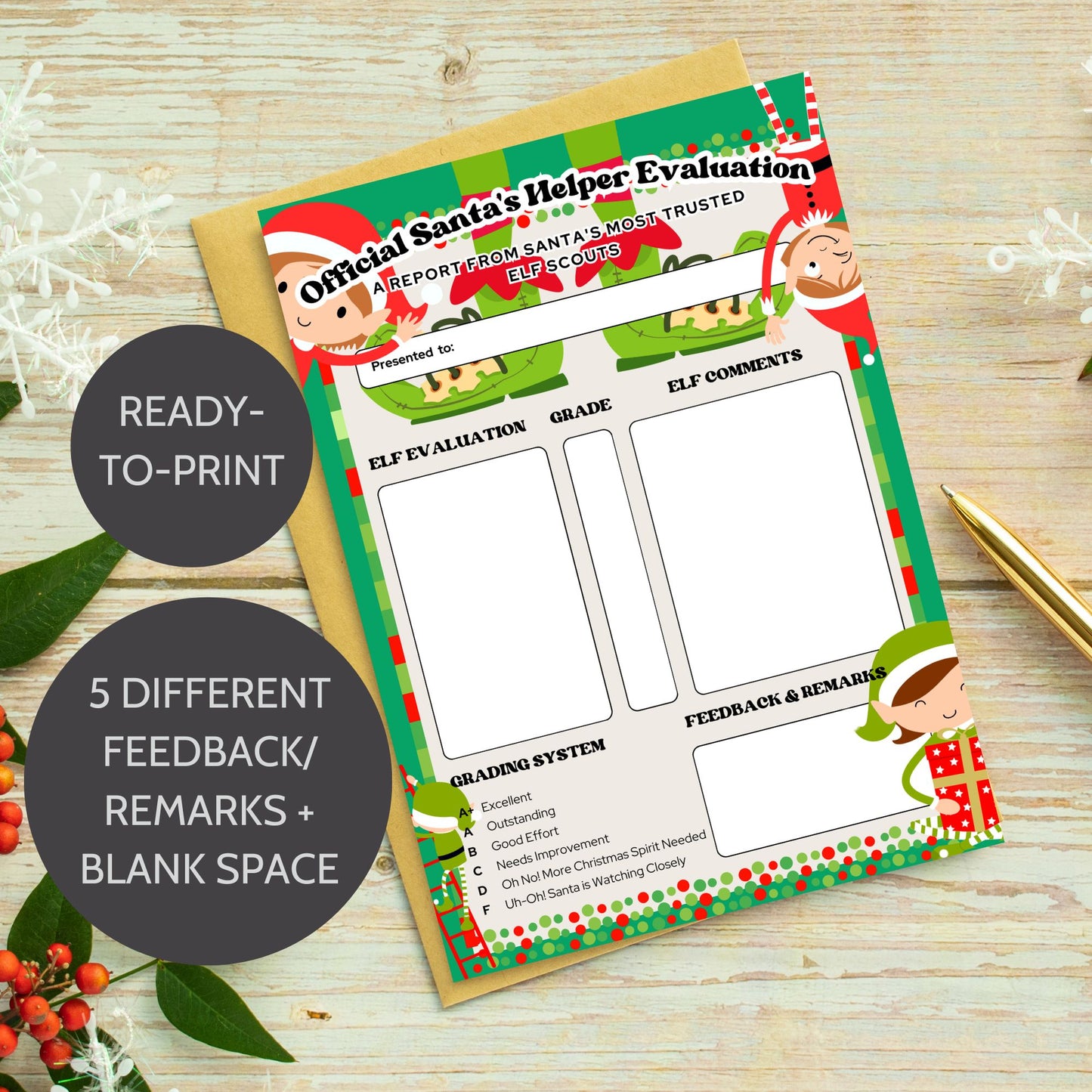 A playful Printable Elf Report Card, sized 5x7 inches, featuring festive holiday themes and adorable elf feedback options, designed to encourage good behavior and add a touch of Christmas magic.