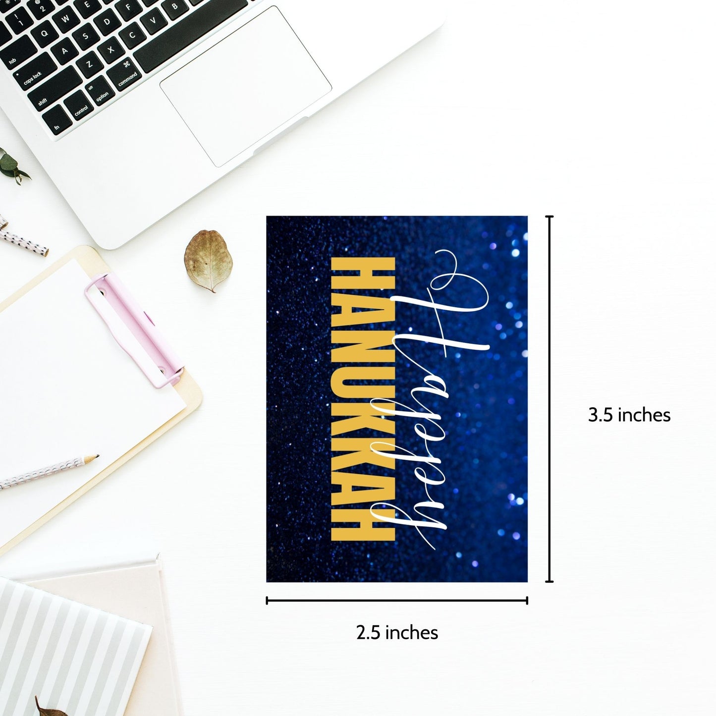 A set of Happy Hanukkah gift tags featuring "Happy Hanukkah" in white and gold text on a glittering blue background. Perfect for festive gift wrapping during the Festival of Lights.
