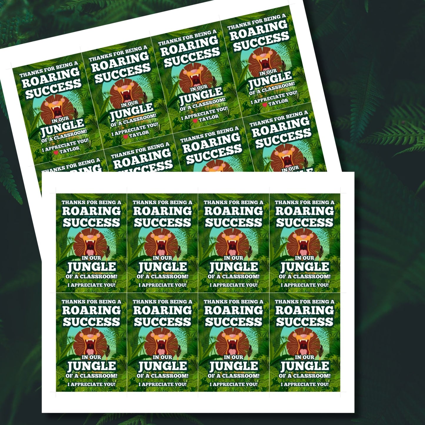 Jungle-themed teacher appreciation gift tags, featuring a roaring lion with the message "Thanks for Being a Roaring Success in Our Jungle of a Classroom!", sized 2.5 x 3.5 inches, laid out 8 per sheet on an 8.5 x 11-inch printable page. Includes editable Canva template for personalization.
