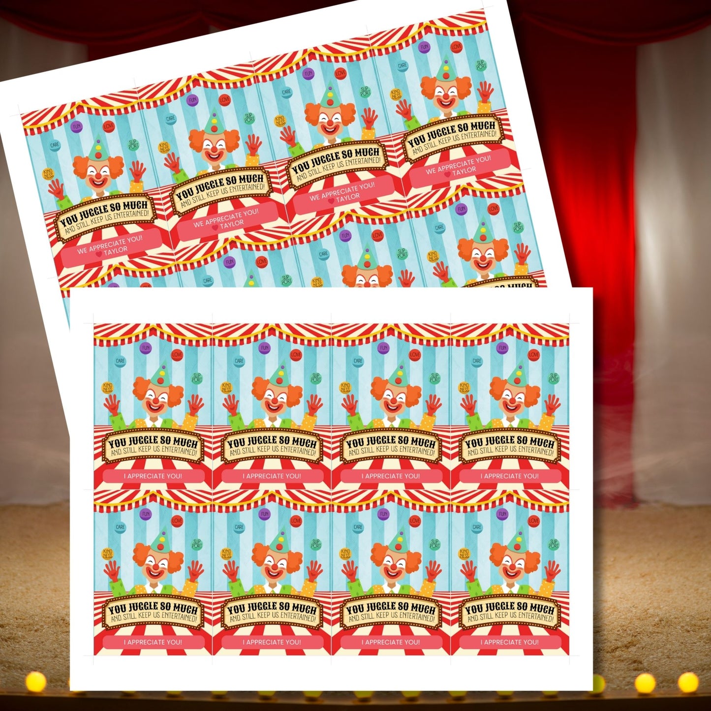 Circus-themed teacher appreciation gift tags, featuring a juggling clown with the message "You Juggle So Much and Still Keep Us Entertained!", sized 2.5 x 3.5 inches, laid out 8 per sheet on an 8.5 x 11-inch printable page. Includes editable Canva template for personalization.