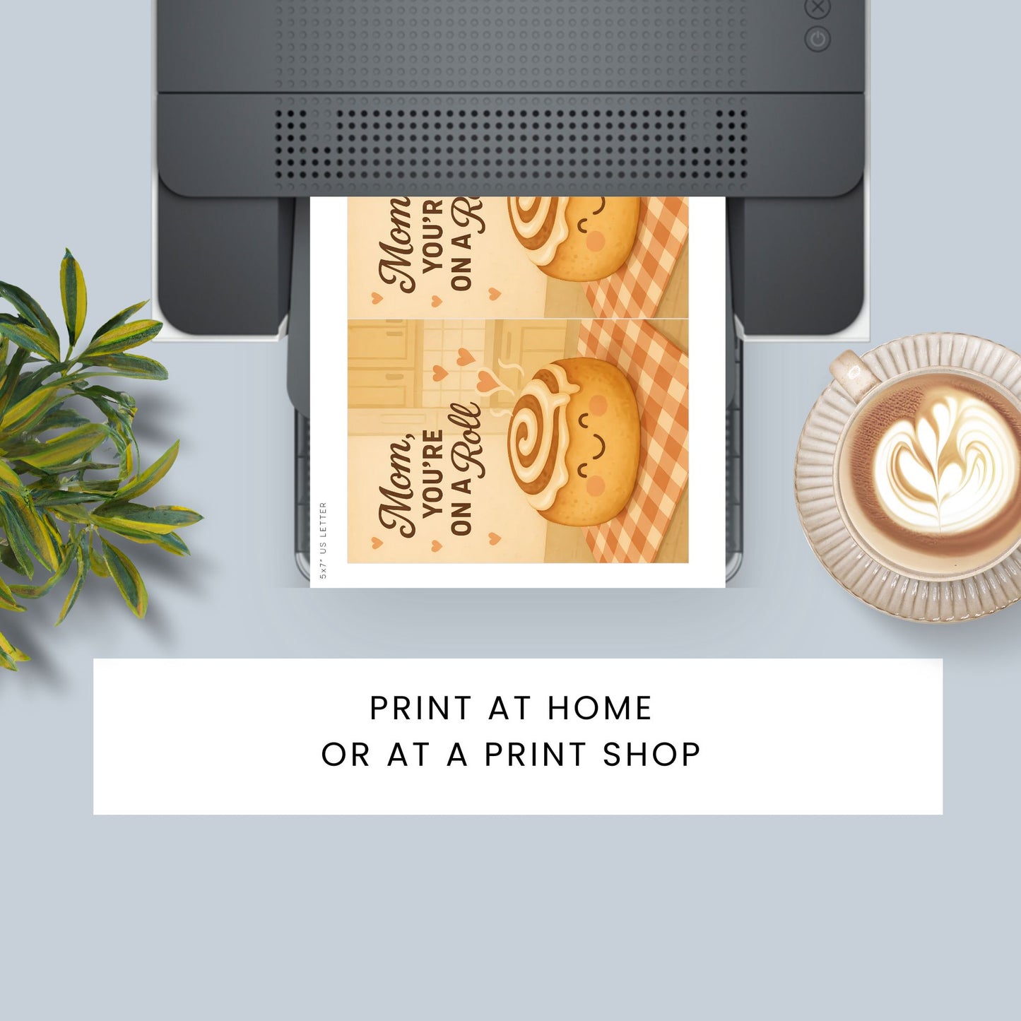 Printable 5x7 Mother’s Day card with the message “Mom, You’re On a Roll,” featuring a cinnamon roll graphic and playful pastel design, available as an instant PDF download.