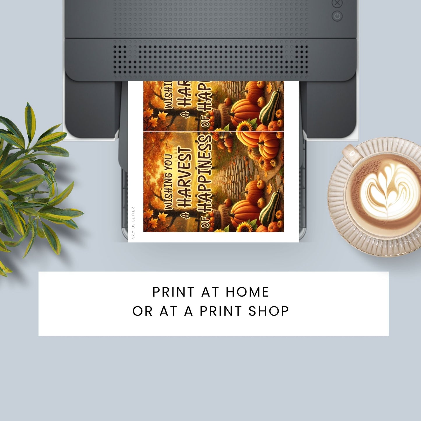 Printable Fall Greeting Card featuring pumpkins and autumn leaves with the message 'Wishing You a Harvest of Happiness,' perfect for seasonal greetings.