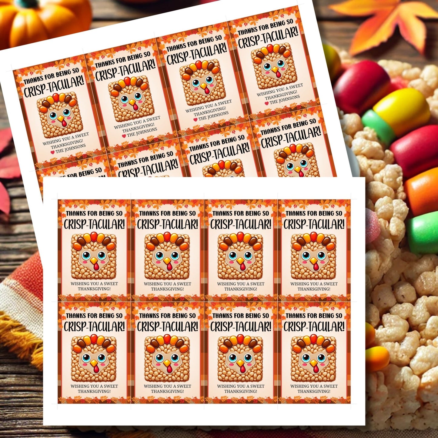 Printable Thanksgiving gift tags with a Rice Krispie turkey illustration and the message 'Thanks for Being So Crisp-tacular!' surrounded by a festive autumn border. Ideal for sweet holiday treats and gifts.