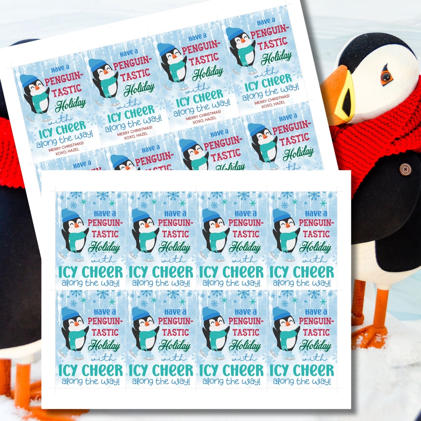 Penguin-themed Christmas gift tags featuring a happy penguin wearing a blue hat and green scarf, surrounded by snowflakes. The text reads 'Have a Penguin-tastic Holiday with Icy Cheer Along the Way!'