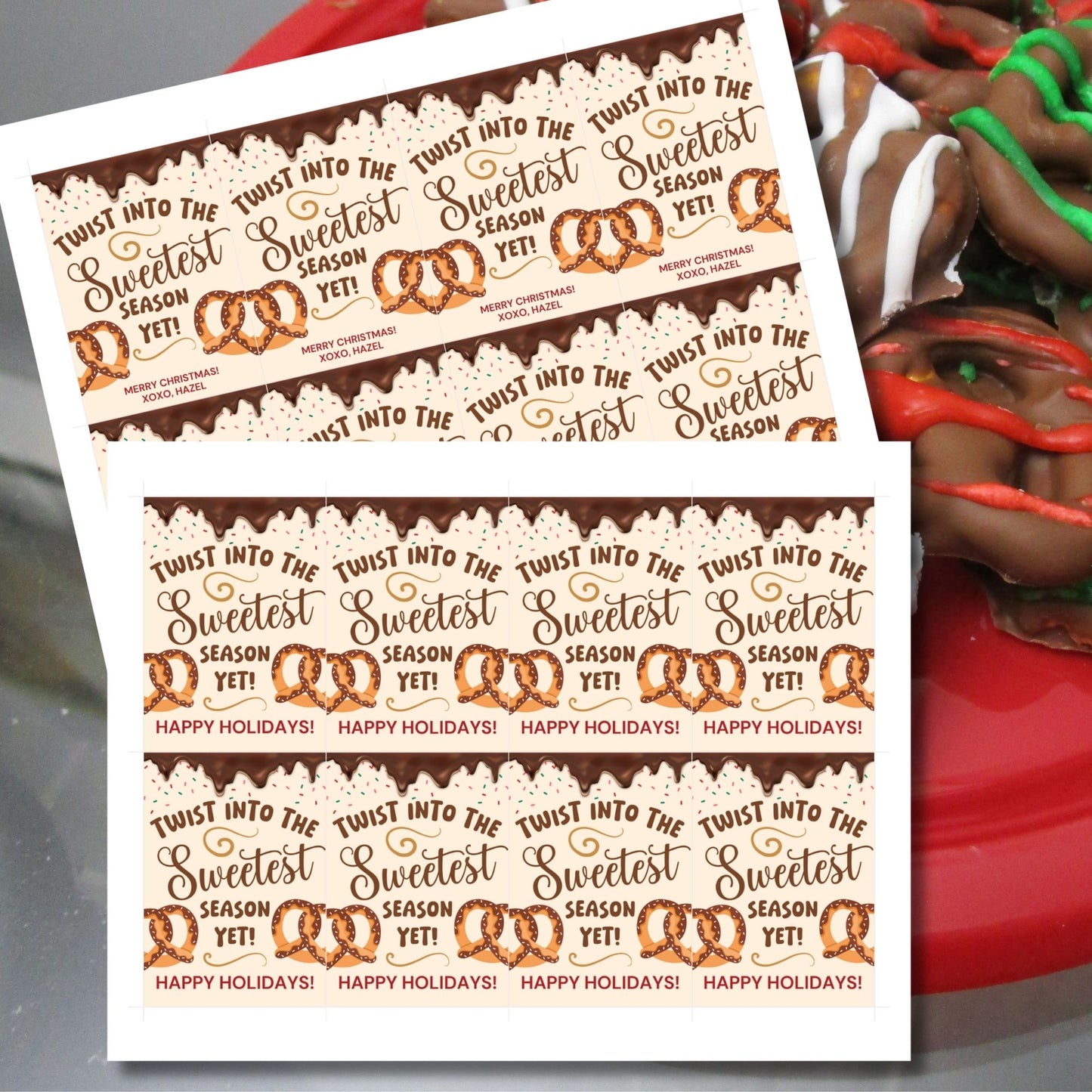 Printable holiday gift tags reading "Twist Into the Sweetest Season Yet!" with pretzel illustrations, chocolate drizzle, and sprinkles. Perfect for pretzel-themed gifts. Includes printable PDF and editable Canva template.