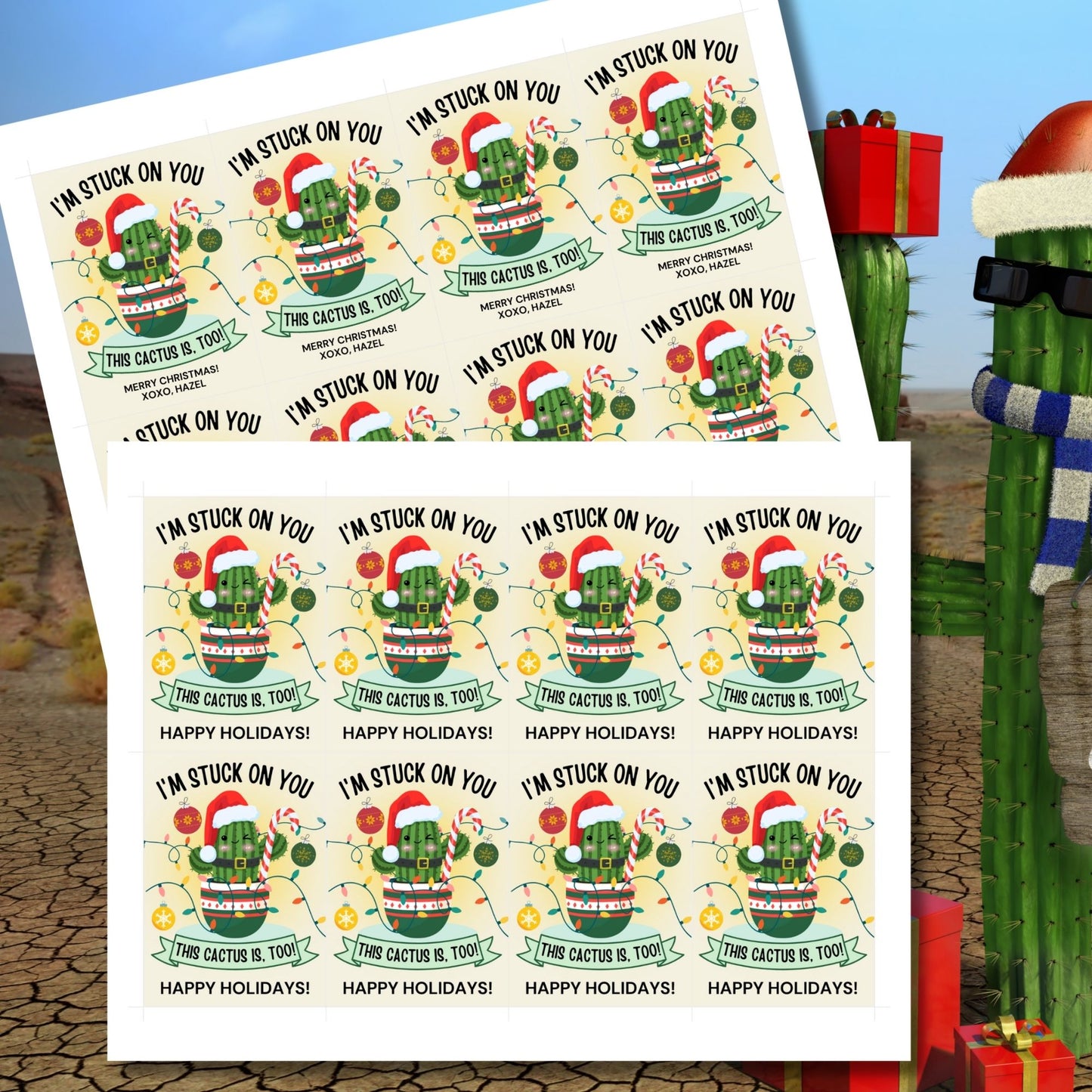 Festive holiday gift tags featuring a cheerful cactus in Christmas attire, perfect for cactus-themed or succulent gifts. Includes printable PDF and editable Canva template.