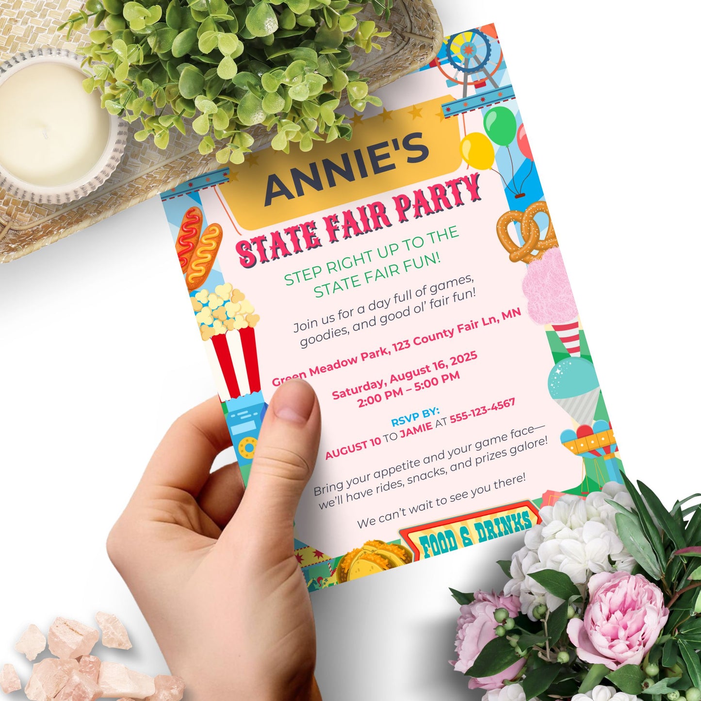 Editable State Fair Party Invitation with Ferris wheels, popcorn, cotton candy, hot dogs, and colorful fair elements; 5x7 Canva template printable for birthdays or summer events.