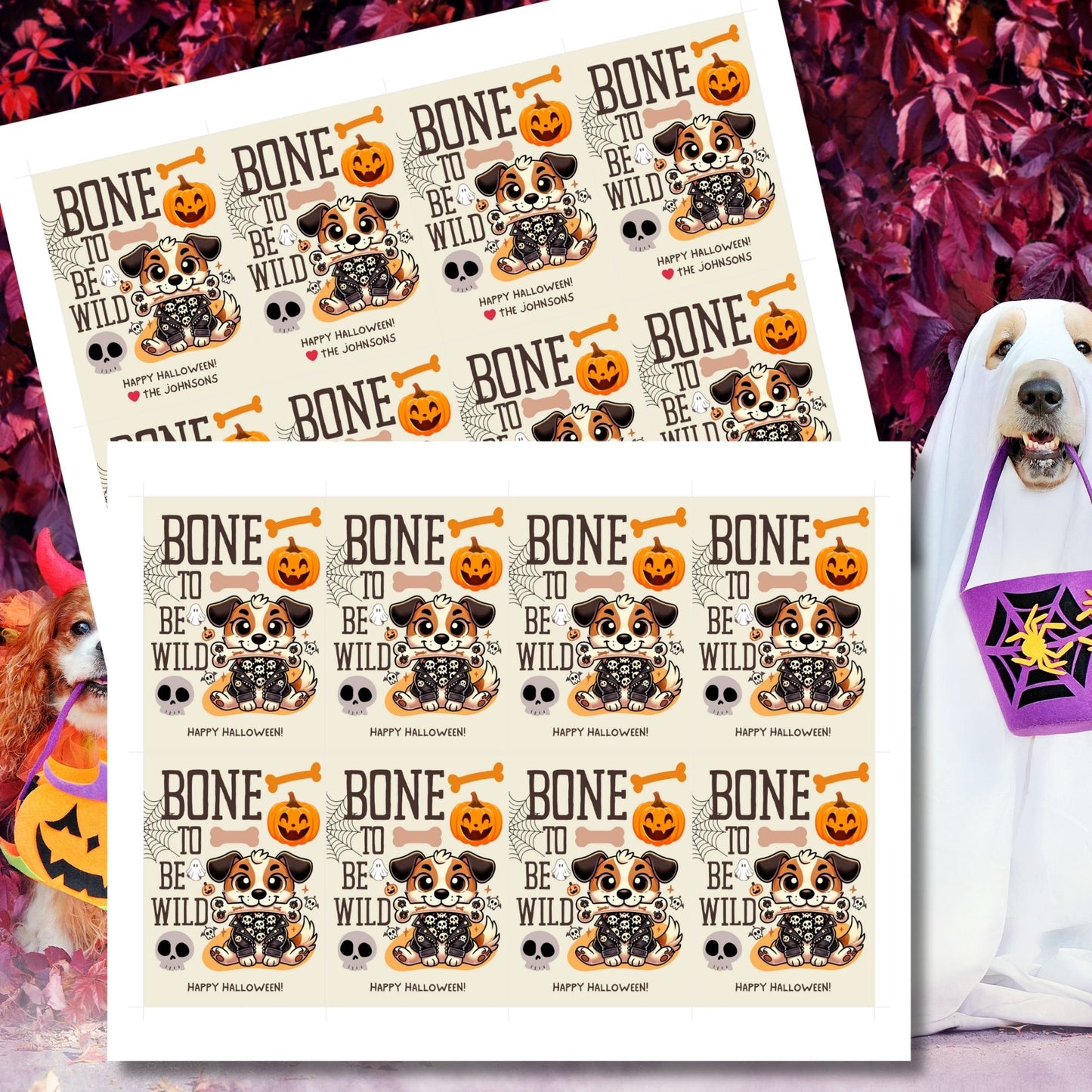 Printable dog-themed Halloween gift tags with the message "Bone to Be Wild." Featuring a playful dog in Halloween attire, these tags are 2.5 x 3.5 inches, laid out 8 per sheet on an 8.5 x 11-inch page. Includes a printable PDF and a PDF with a link to an editable Canva template.