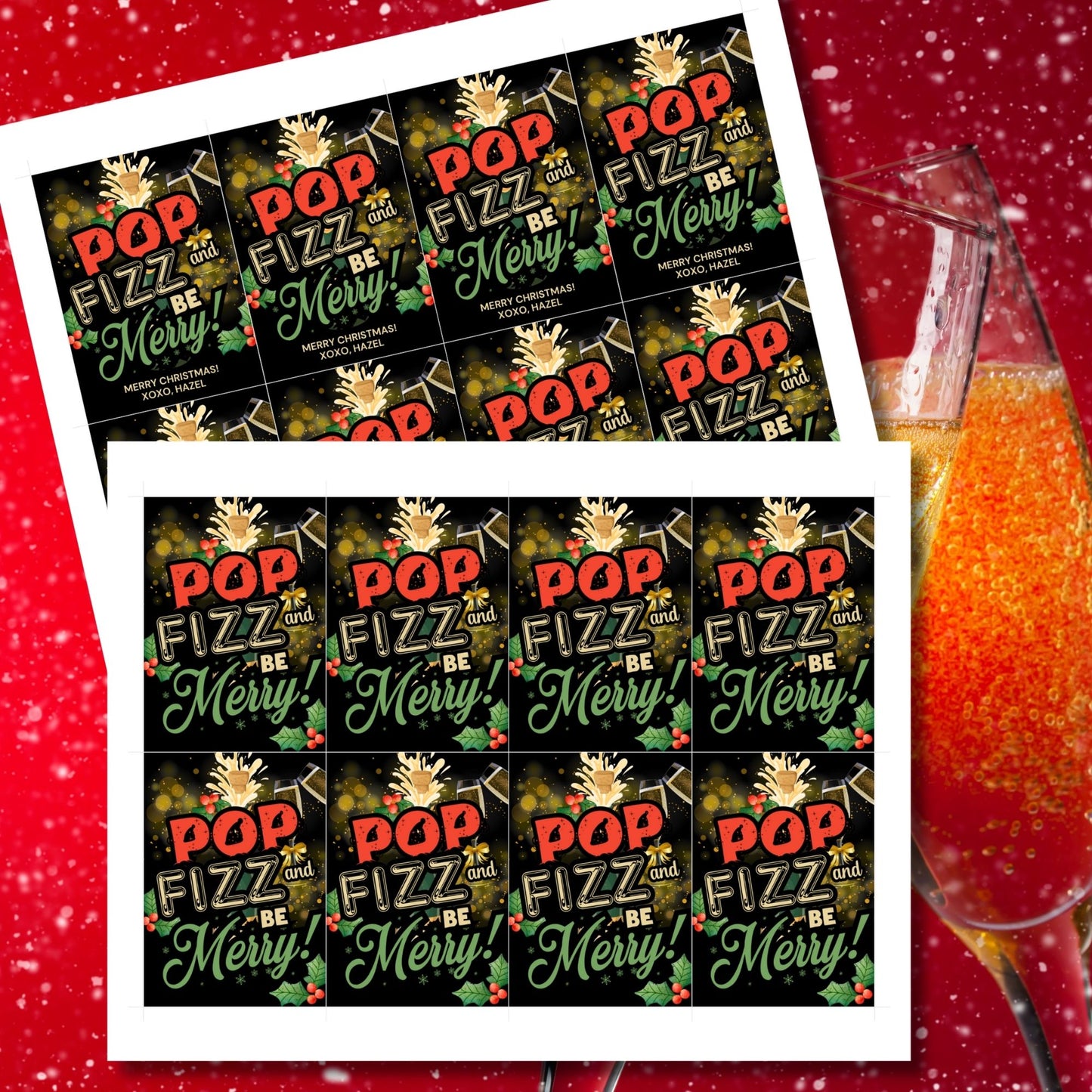 Christmas gift tags with the message "Pop, Fizz, and Be Merry!" featuring champagne glasses, holly, and a festive design, perfect for adding to champagne or sparkling wine gifts. These printable and editable tags are ideal for holiday celebrations.