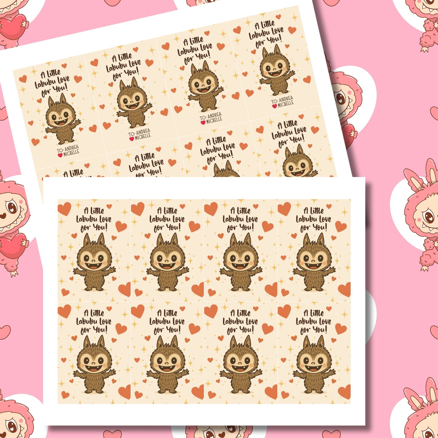 Two sheets of stickers with cartoon character and text on a pink background with cartoon characters.