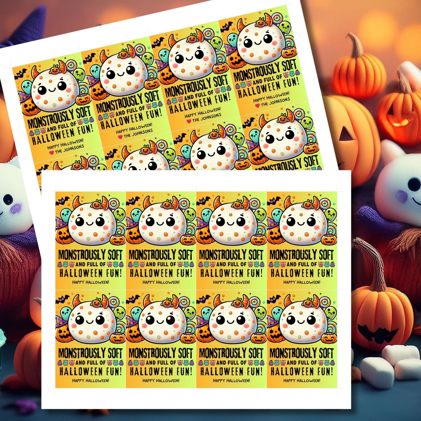 Cute and colorful Halloween gift tags featuring a squishy monster character, designed for Squishmallow gifts. The tag reads "Monstrously Soft and Full of Halloween Fun!"—perfect for adding a fun and festive touch to your Halloween presents. Each tag is 2.5 x 3.5 inches and comes with a printable PDF and an editable template.