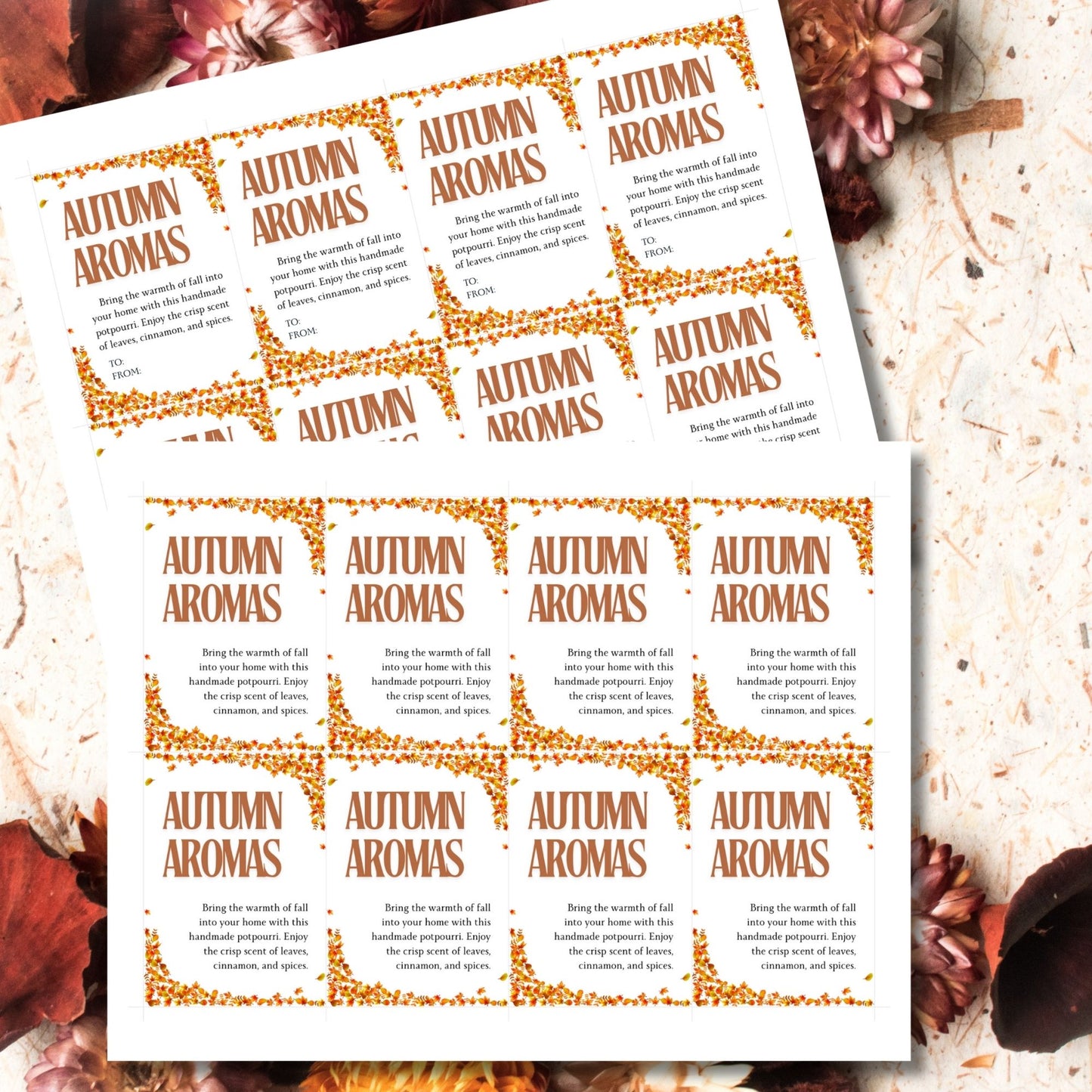 Printable 'Autumn Aromas' fall gift tags with a festive leaf border, perfect for seasonal gifting, potpourri, and Thanksgiving presents. Includes customizable To/From sections for a personalized touch.