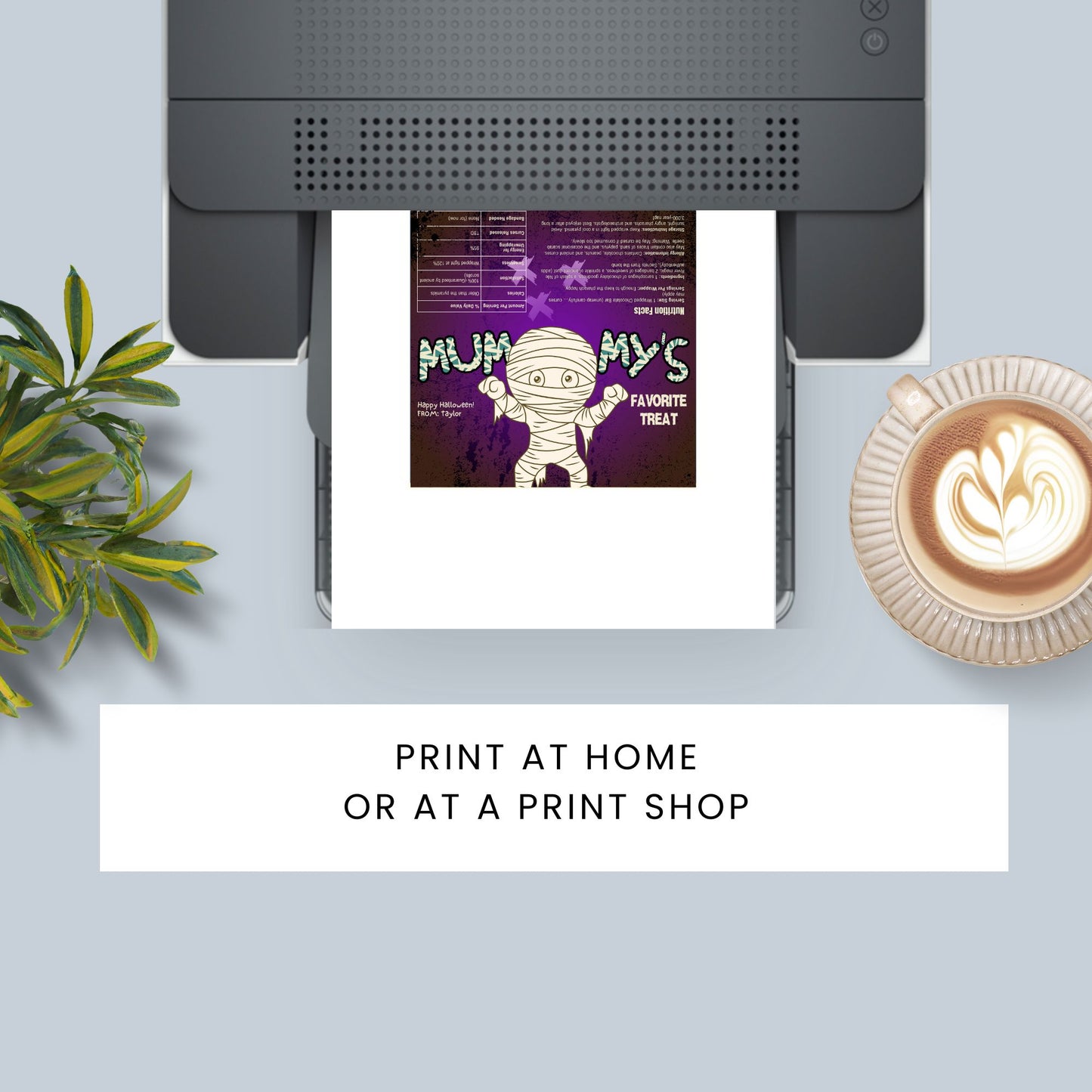 Printable and editable Mummy-themed Halloween chocolate bar wrapper featuring a fun mummy character, perfect for trick-or-treat and Halloween parties.