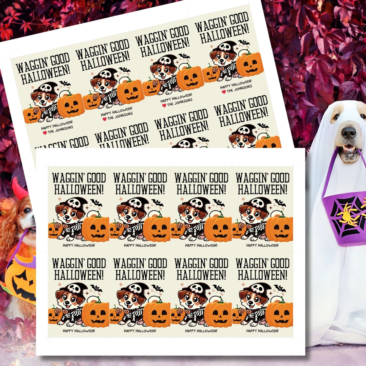 Dog-themed printable Halloween gift tags featuring an adorable dog dressed in a skeleton costume with pumpkins and the message "Waggin' Good Halloween!" Tags are 2.5 x 3.5 inches, laid out 8 per sheet on an 8.5 x 11-inch page. Includes a printable PDF and a PDF with a link to an editable Canva template.