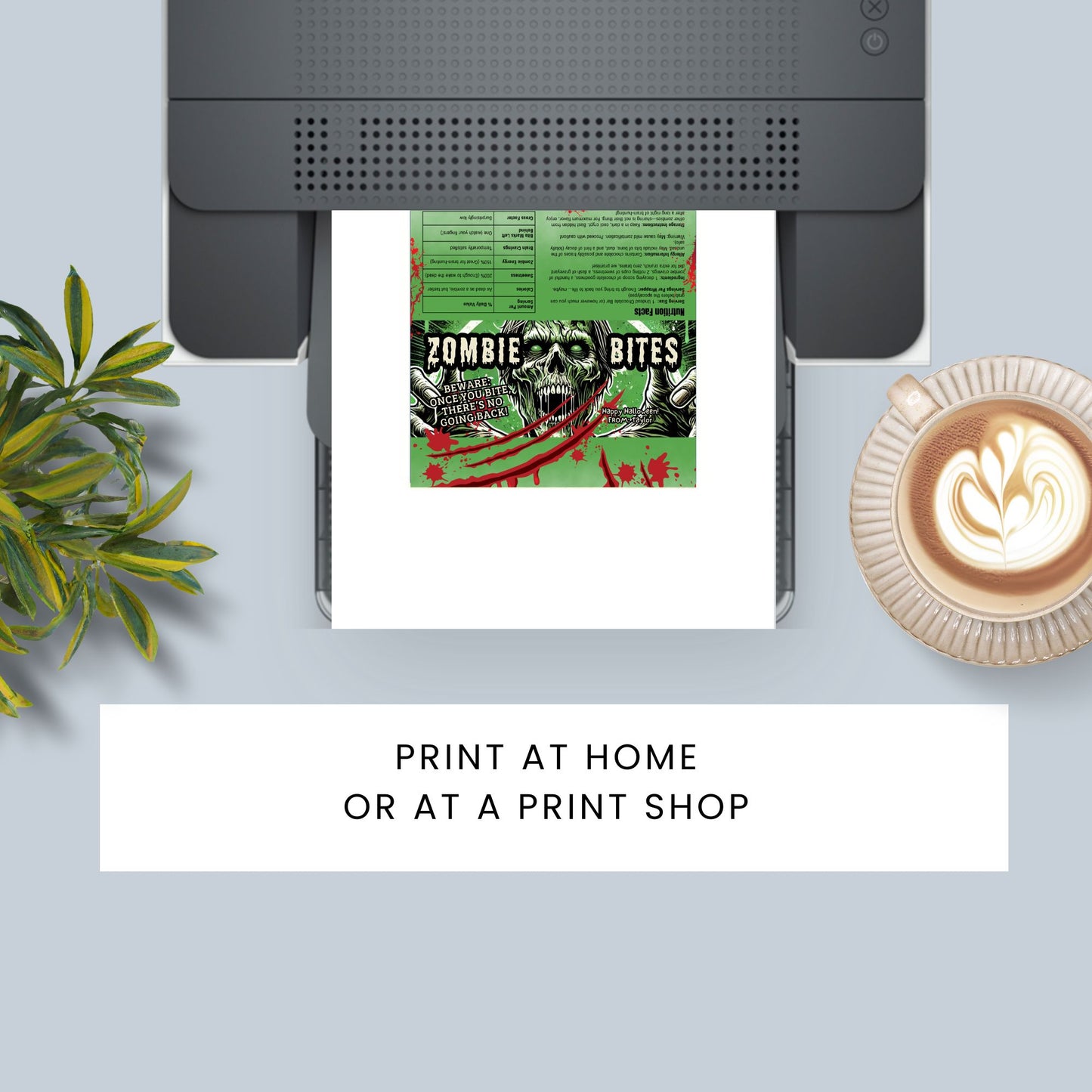 Printable and editable zombie-themed Halloween chocolate bar wrapper featuring a scary zombie design, perfect for trick-or-treat and spooky parties.