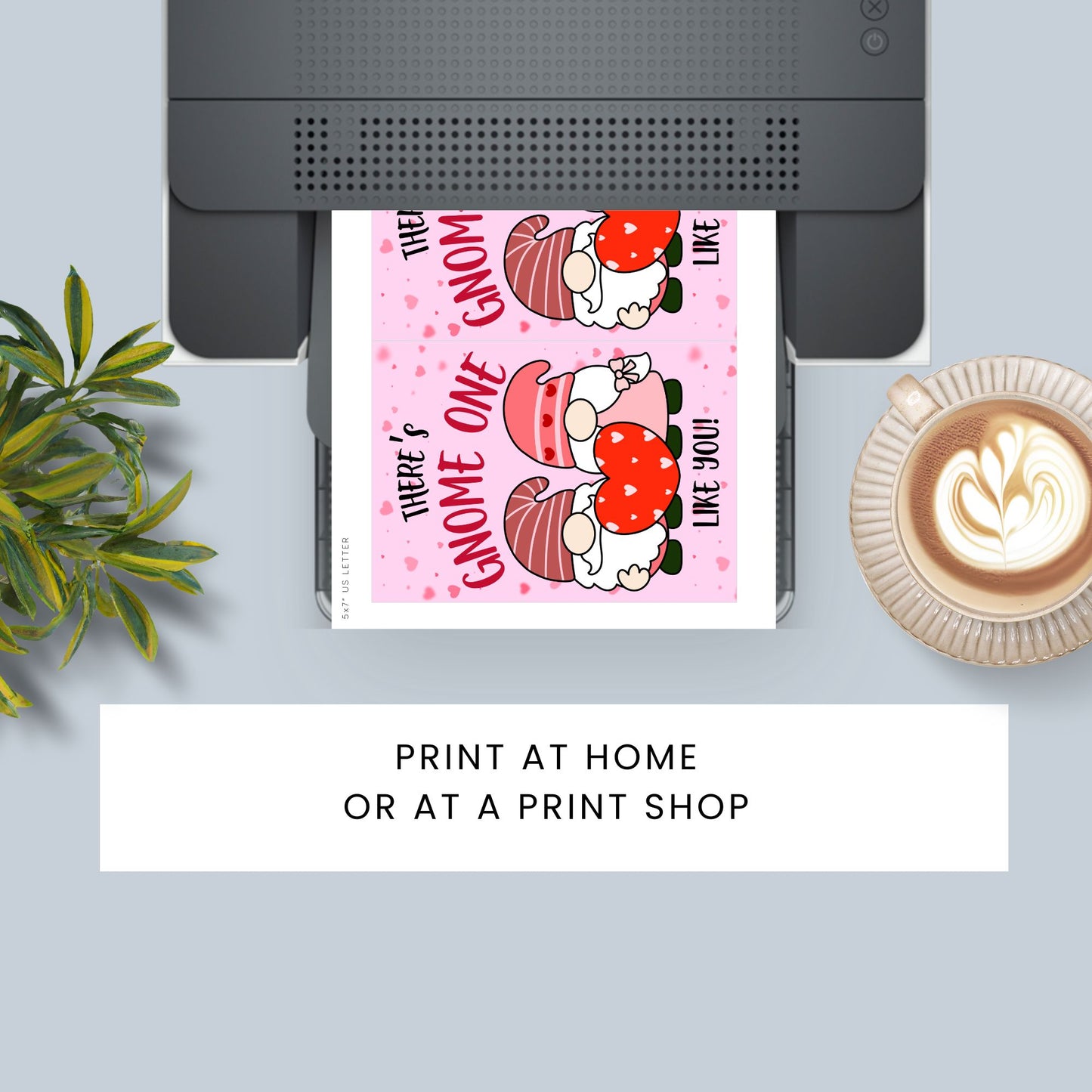 Printable Valentine’s Day Greeting Card featuring the pun “There's GNOME One Like You.” Designed as a 5x7 PDF on an 8.5 x 11 sheet with two cards per page. A cute and whimsical Valentine’s card for gnome lovers!