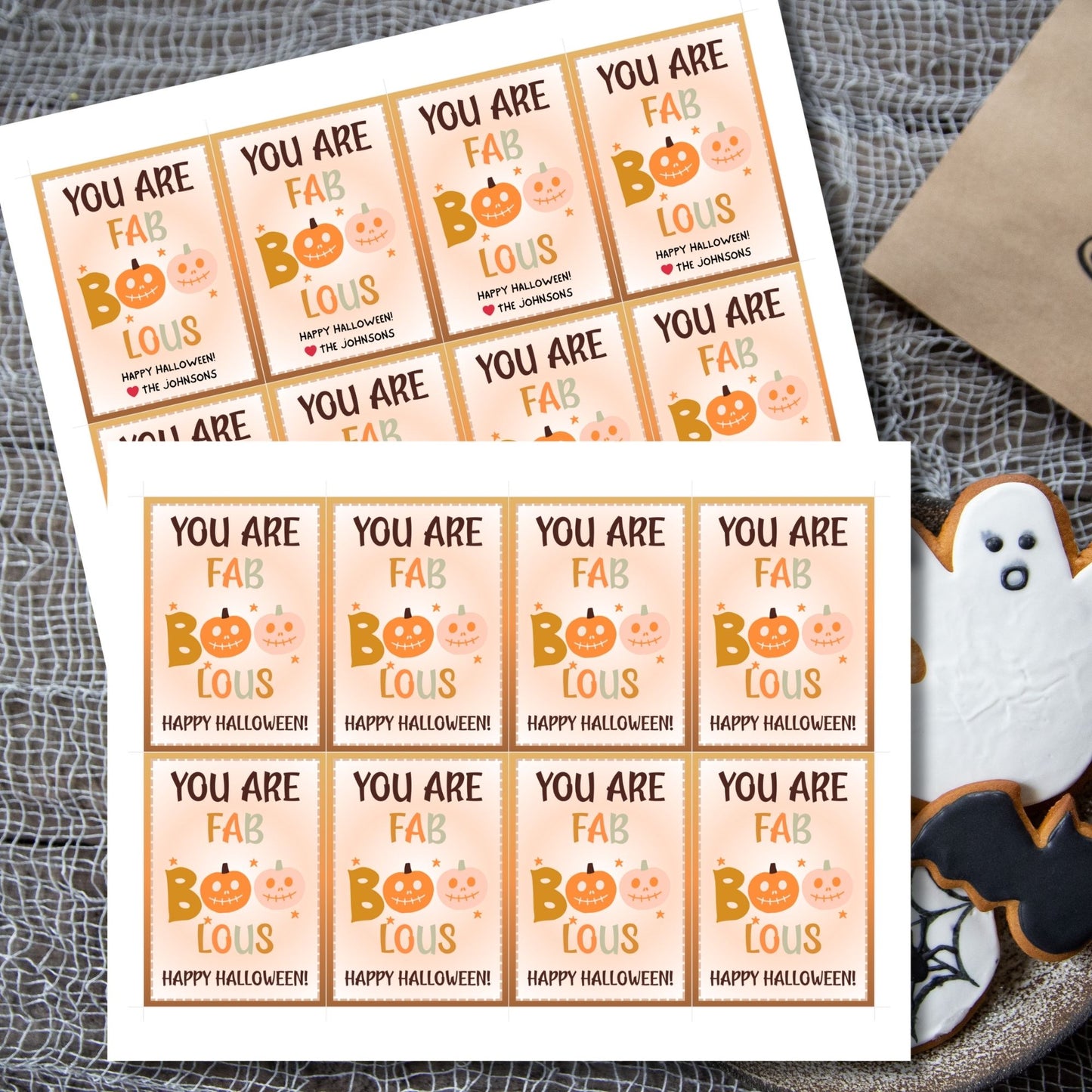 Printable Halloween gift tags with a warm color scheme, featuring the message "You Are FAB-BOO-LOUS" with cute smiling pumpkins, perfect for gifts and party favors.