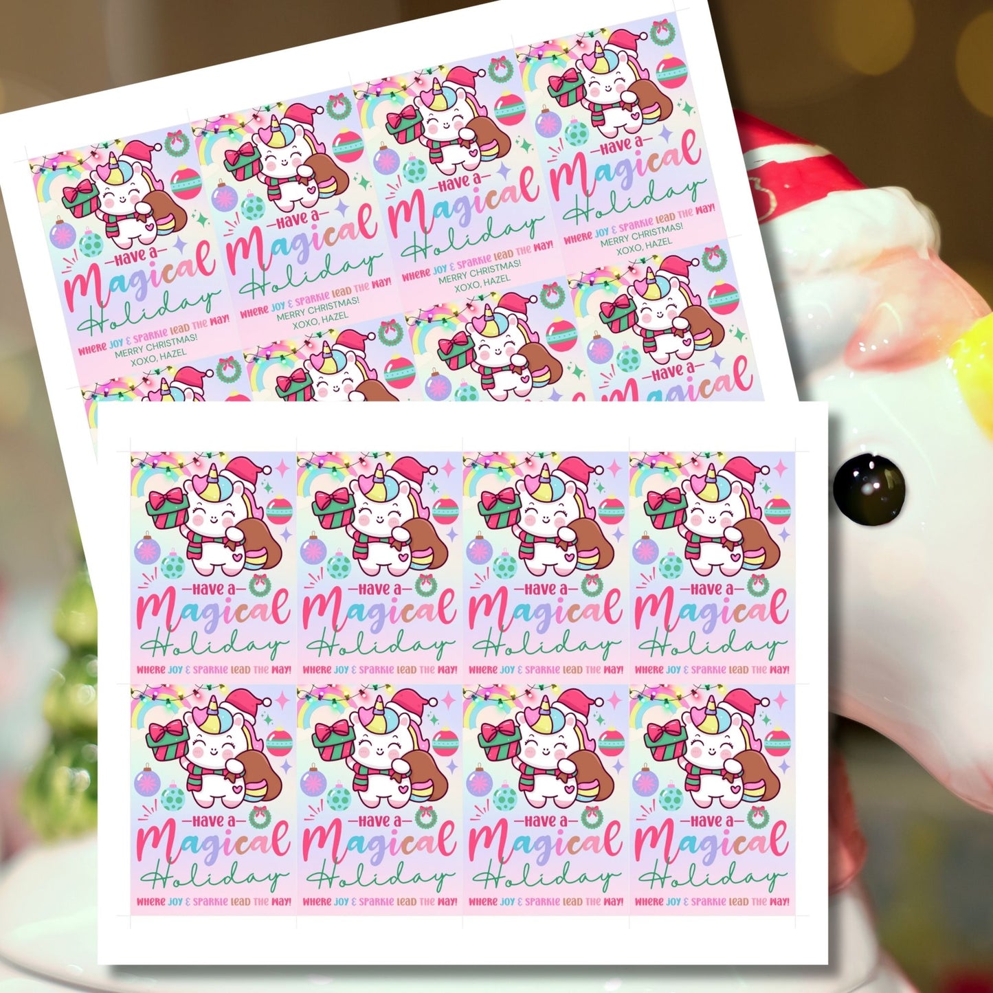 Unicorn-themed holiday gift tags with a pastel design featuring a festive unicorn carrying a gift sack, surrounded by rainbows and ornaments. Text reads 'Have a Magical Holiday.' Perfect for adding sparkle to Christmas presents.