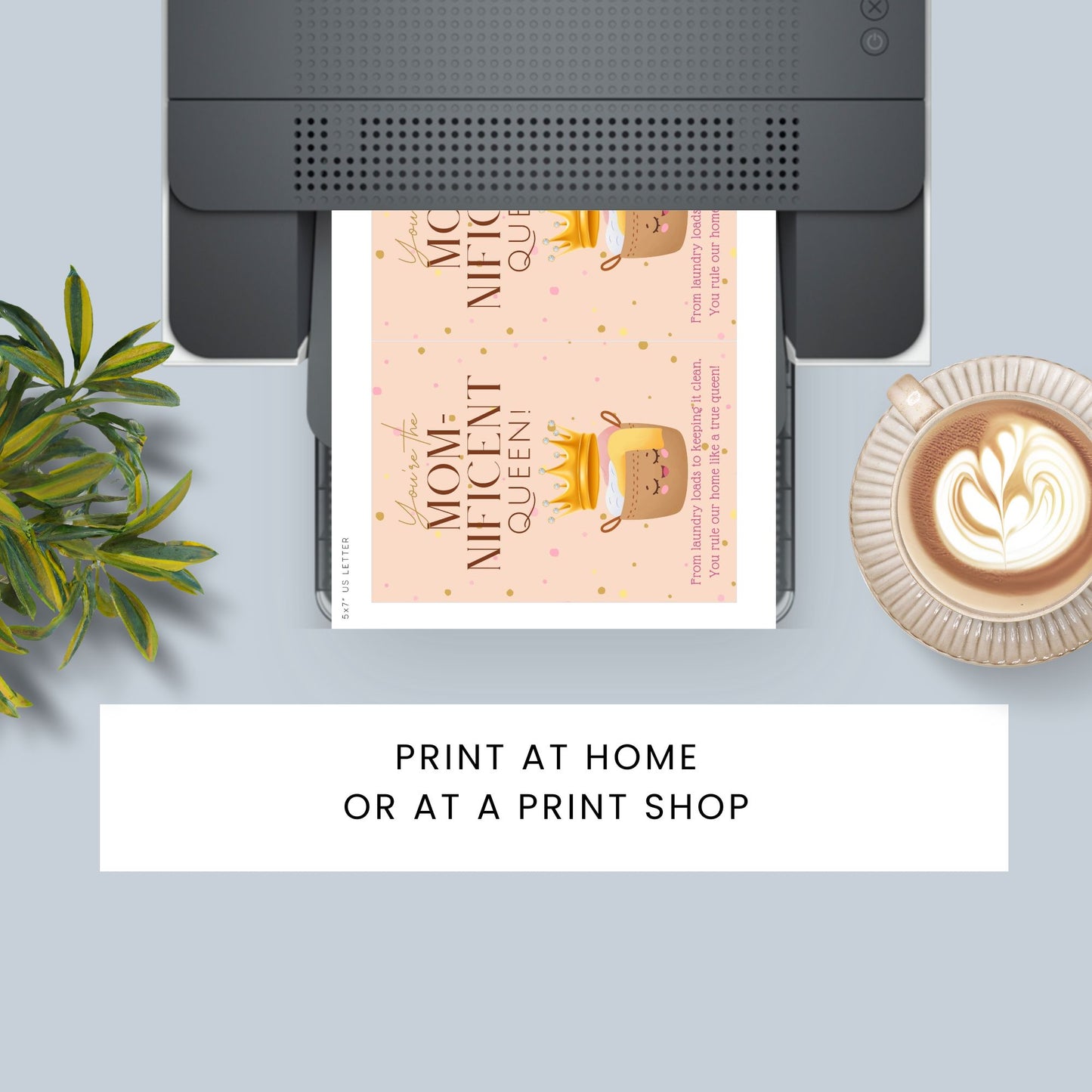 Printable 5x7 Mother's Day card with a crown illustration and the phrase “You’re the Momnificent Queen,” styled with regal, elegant design and bright colors, available as an instant download PDF.