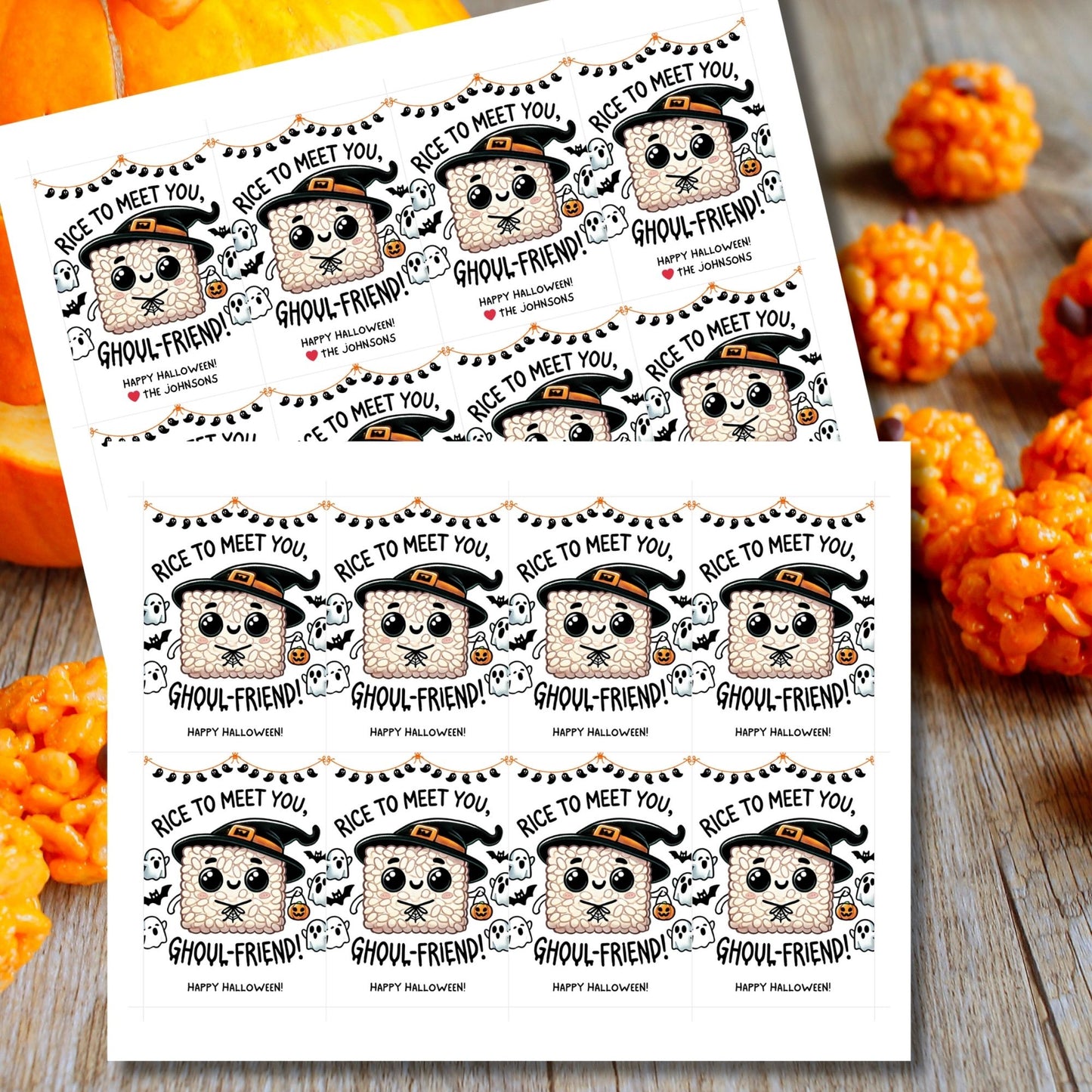 Cute Halloween-themed gift tags featuring a witchy rice krispie treat character, surrounded by ghosts, bats, and pumpkins. The tags say "Rice to Meet You, Ghoul-Friend!" and are 2.5 x 3.5 inches, laid out 8 per sheet on an 8.5 x 11-inch page. Includes a printable PDF and a link to an editable Canva template.