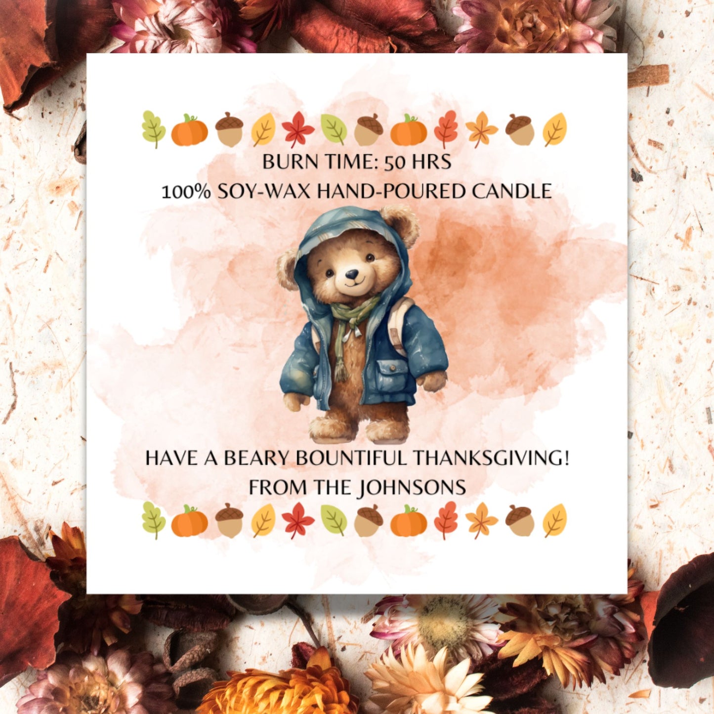 A set of 9 "Beary Bountiful Thanksgiving" themed Fall candle labels featuring charming bears, autumn leaves, and Thanksgiving motifs. The 2.75-inch square labels come as fixed designs with editable text for personal customization.
