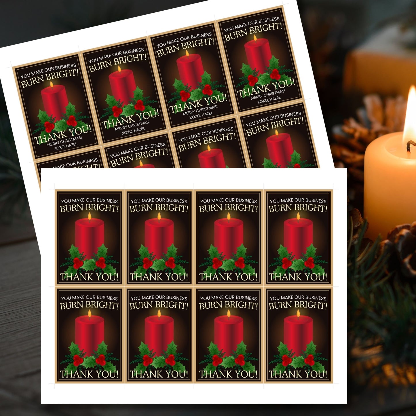Candle-themed holiday gift tags with a glowing red candle, holly decorations, and the message: "You make our business burn bright! Thank you!"