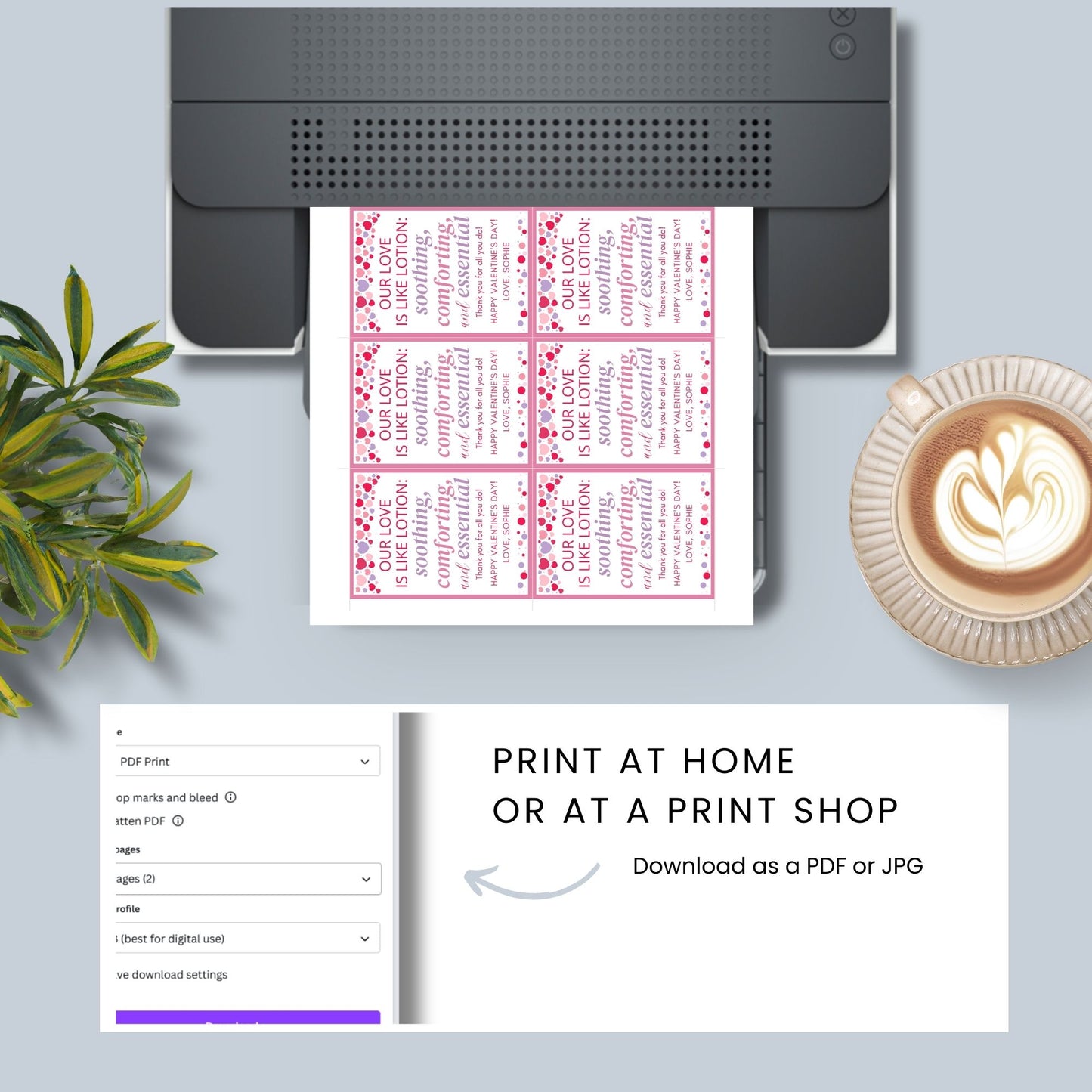 Printable and editable Valentine’s Day gift tags featuring the message "Our Love is Like Lotion – Soothing, Comforting, and Essential." Perfect for pairing with lotion gifts for teachers, employees, and nurses.