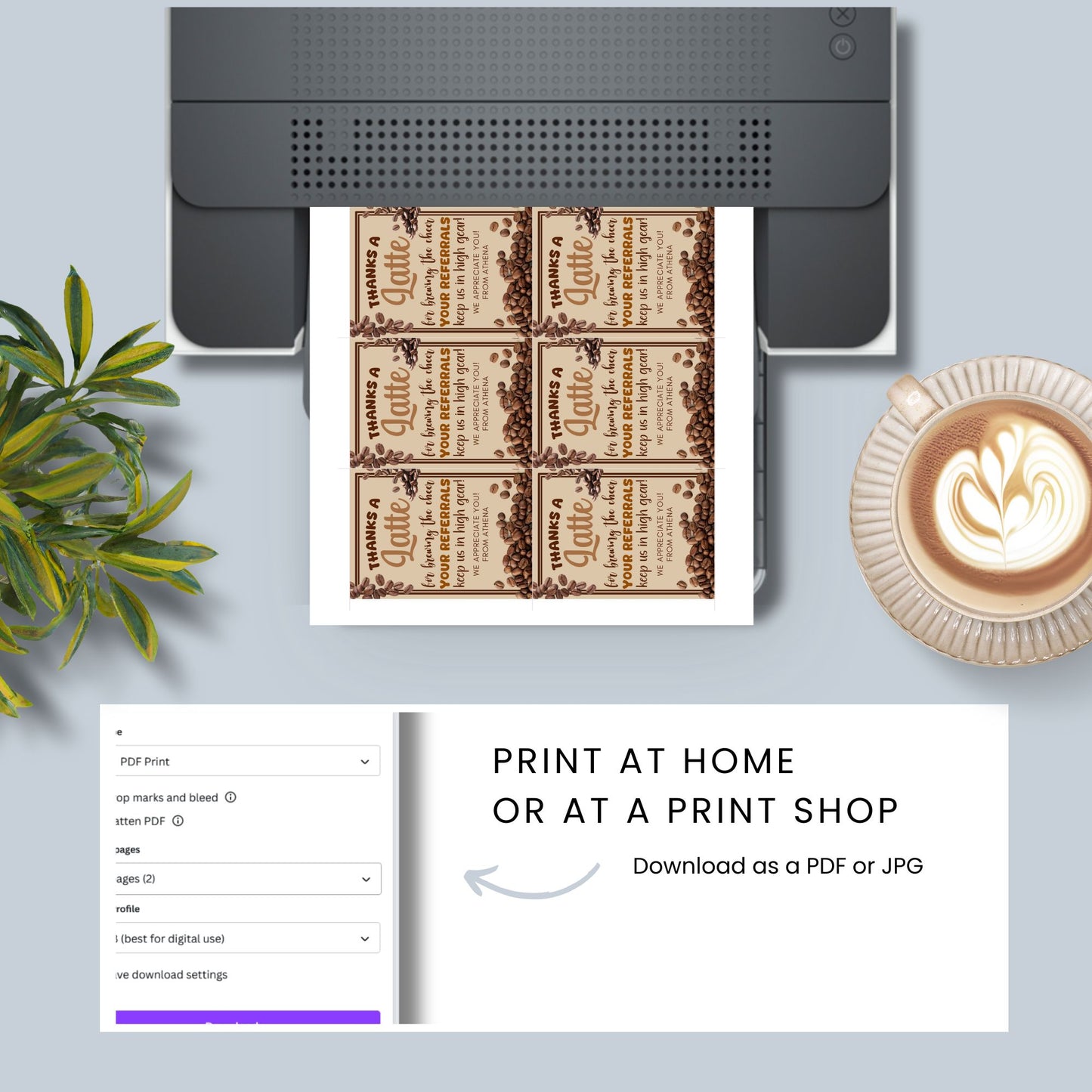 A printable PDF of coffee-themed referral gift tags titled "Thanks a Latte for Brewing the Cheer," customizable through Canva.