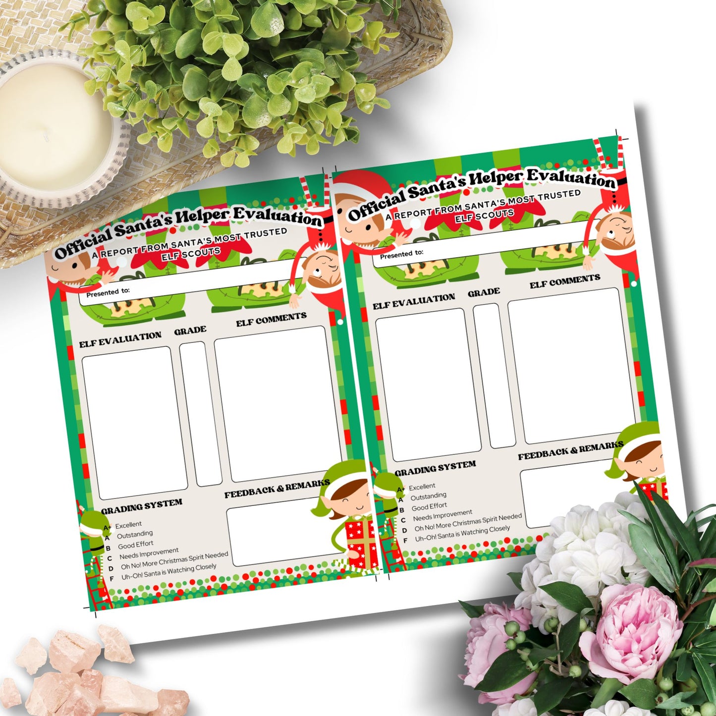 A playful Printable Elf Report Card, sized 5x7 inches, featuring festive holiday themes and adorable elf feedback options, designed to encourage good behavior and add a touch of Christmas magic.