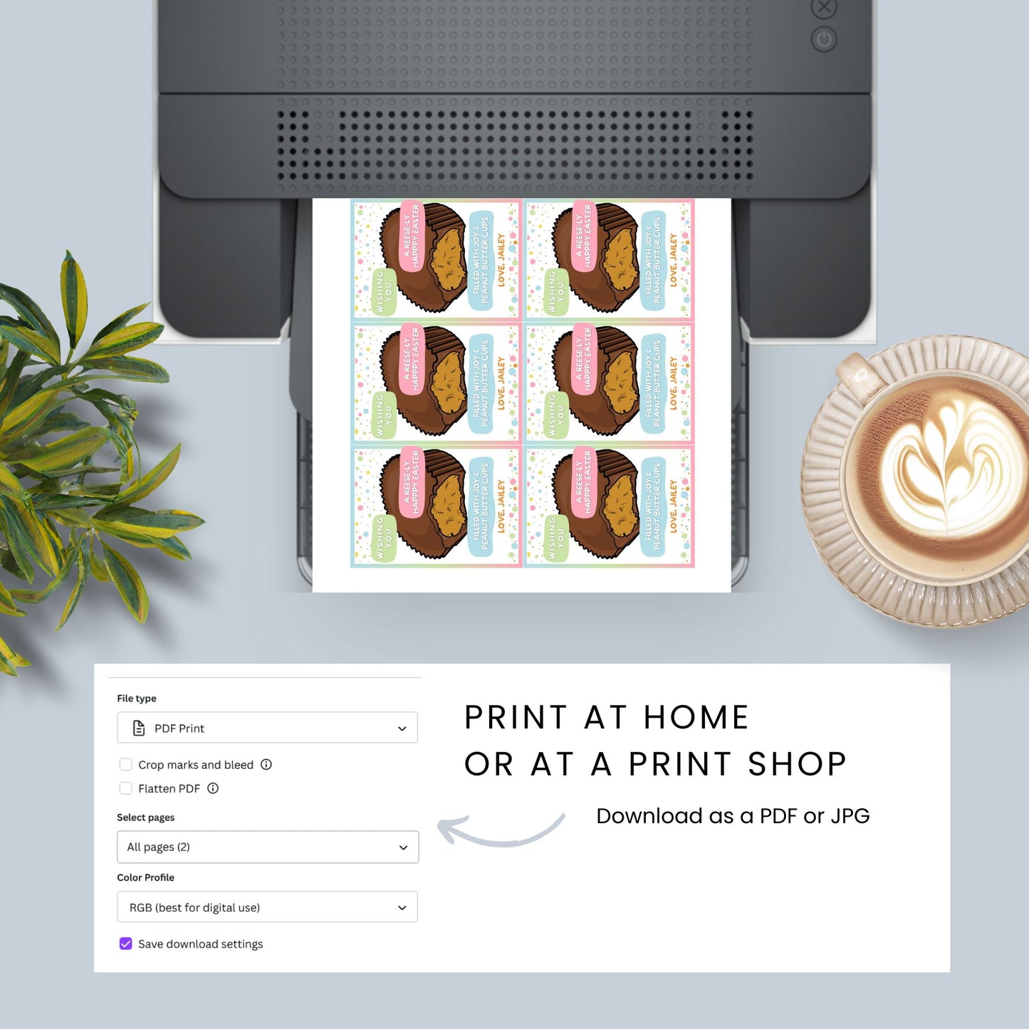 Colorful Easter-themed printable gift tags attached to peanut butter chocolate cups, featuring playful bunny illustrations and the cheerful message 'Wishing You a Hoppy Easter!