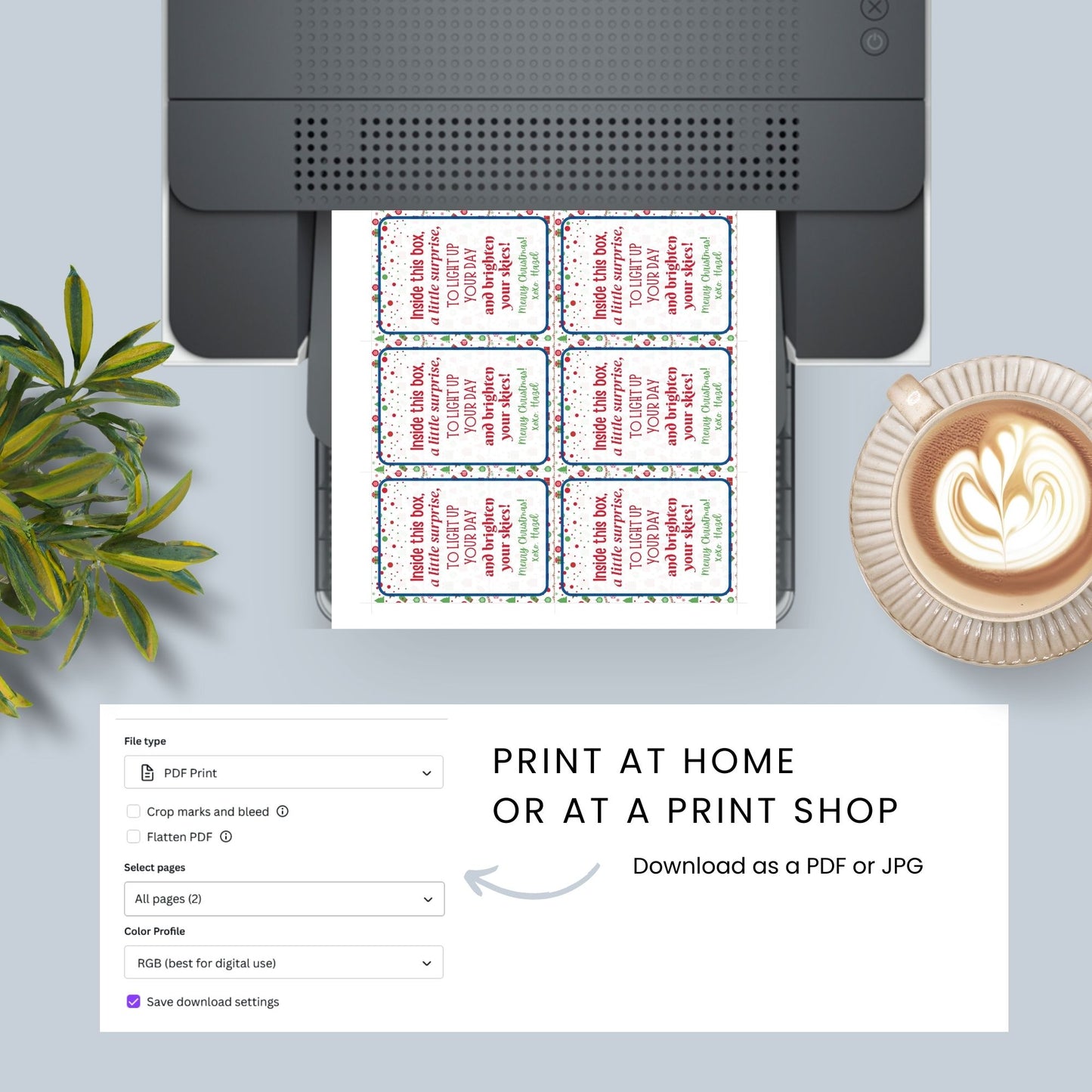 Festive holiday gift tags with the message, "Inside this box, a little surprise, to light up your day and brighten your skies." Includes printable PDF and editable Canva template.